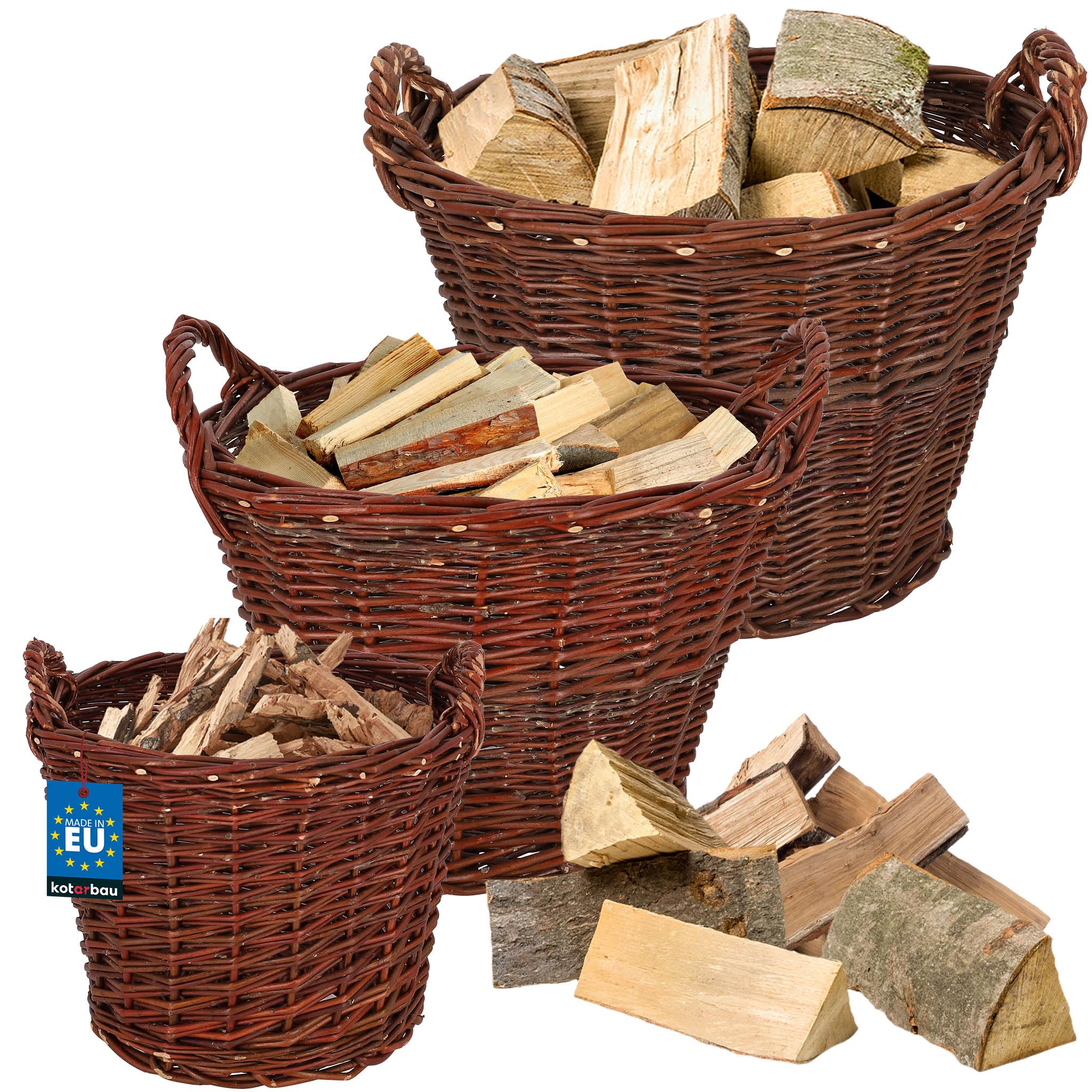 KOTARBAU® 3er Set Weidenkorb mit Griffen - ø 30 cm/ø 40 cm/ø 50 cm - Blumen Korb - Aufbewahrung von Spielzeug - Holzkorb für Kaminholz - Erntekorb aus Weide - Aufbewahrungskörbe - Braun