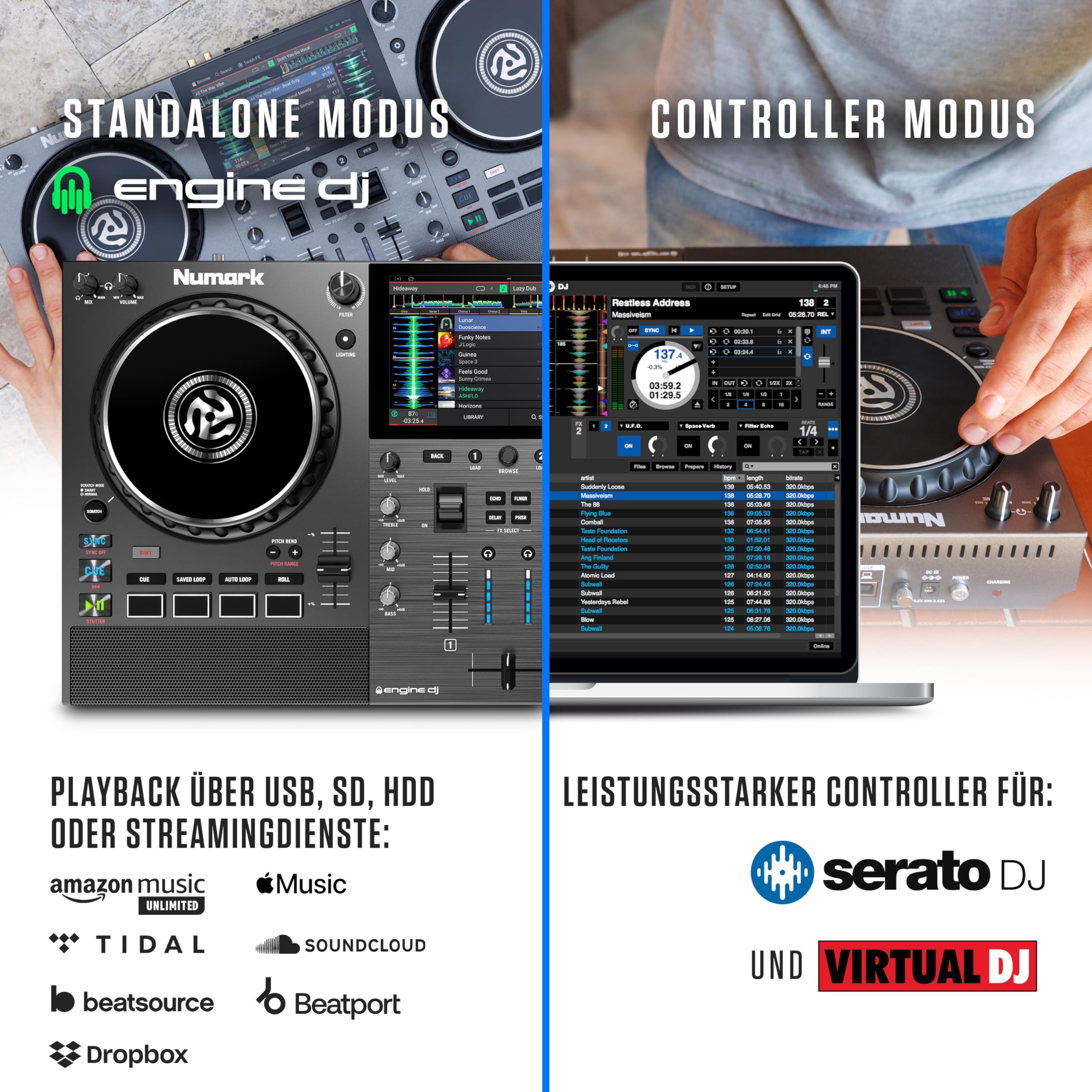 Numark Mixstream Pro Go Tragbarer DJ-Controller mit Akku, Mixer mit Stem-Trennung, Lautsprecher, WLAN-Streaming, Touchscreen, kompatibel mit Serato DJ