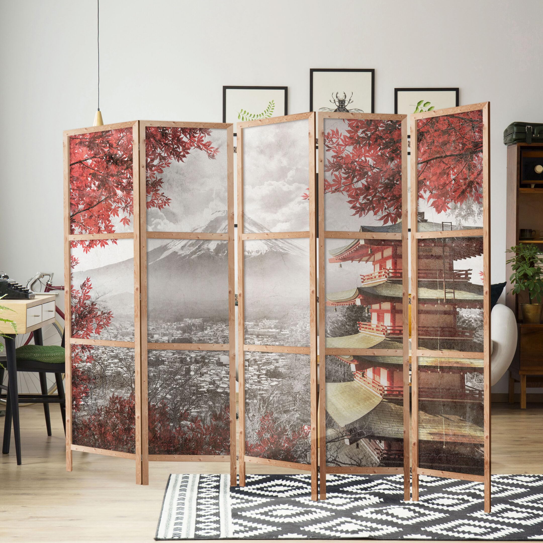 Paravent Intérieur à Simple Face - 5 Panneaux - Separateur de Pieces de Style Japonais - Cloison de Separation pour Chambre à Coucher et Salon - Motif Villes - 225x172 cm
