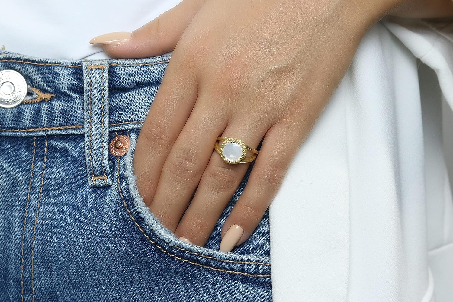 Mother of Pearl Ring in 14k Gold Filled Double Band - Delicate Rings for Everyday Wear, Anniversary and Promise Rings for Her - with Box