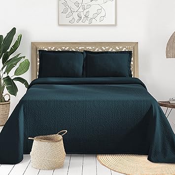 Superior Cotton Fleur De Lis Bedspread Set, Warm Blankets, All-Season Bedding, Bedroom Decor, Decorative Boho Medallion Coverlet, Includes 1 Bedspread, 1 Pillow Sham, Twin, Deep Sea