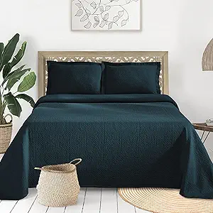 Superior Cotton Fleur De Lis Bedspread Set, Warm Blankets, All-Season Bedding, Bedroom Decor, Decorative Boho Medallion Coverlet, Includes 1 Bedspread, 1 Pillow Sham, Twin, Deep Sea