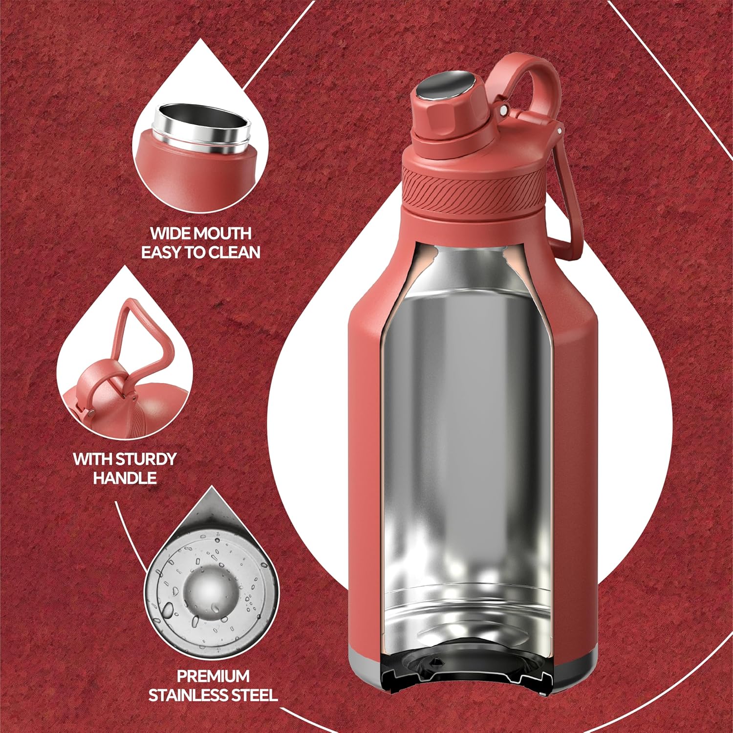 IDEUS Insulated Stainless Steel Water Bottle with 2 Leak-Proof Lids, Thermal Water Flask for Hiking Biking, 64oz, Red - Image 5