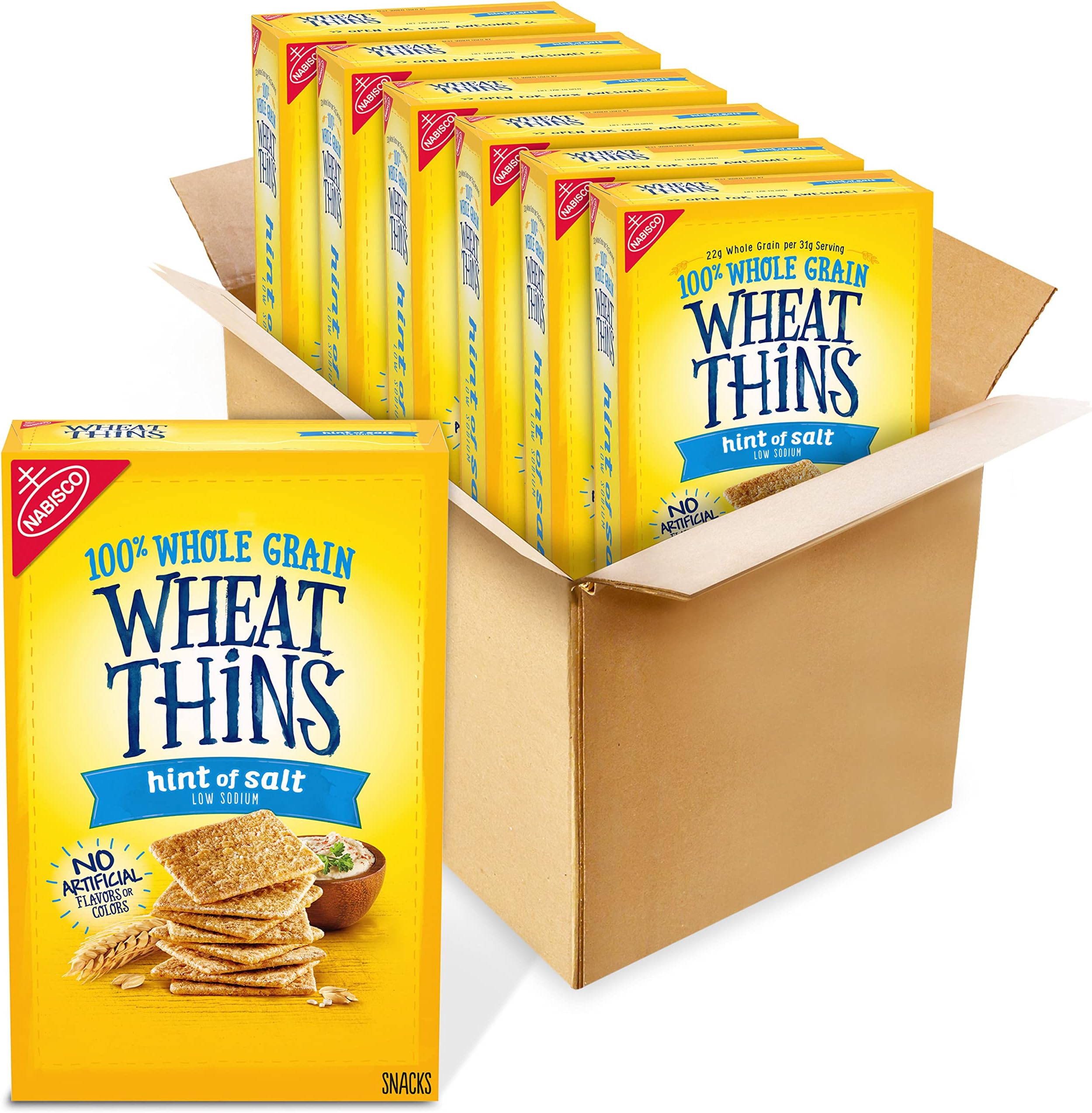Wheat Thins Hint of Salt Low Sodium Snacks, Whole Grain Wheat Crackers, Bulk Snack Crackers, 6 - 8.5 oz Boxes