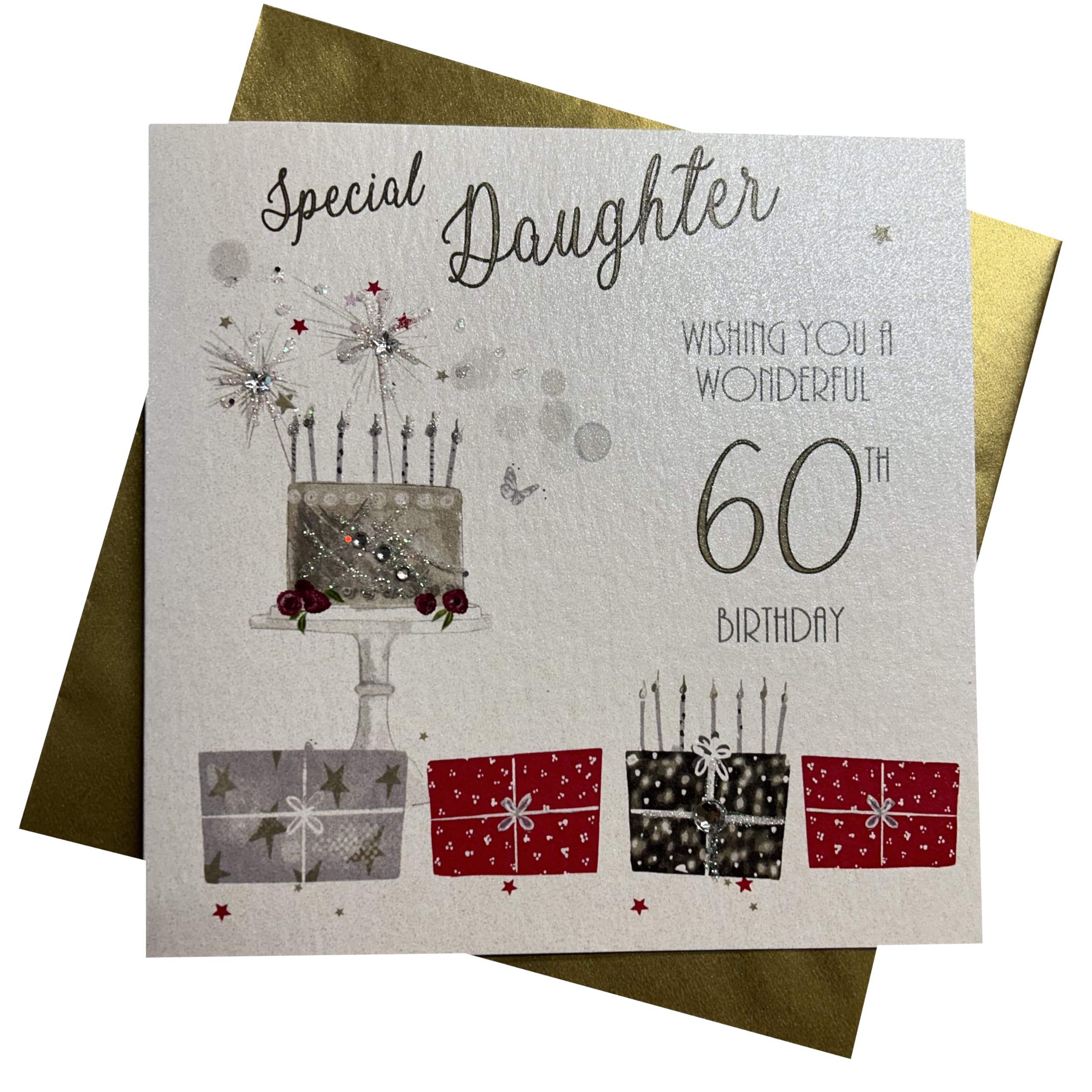 WHITE COTTON CARDS "60 Wishing you a Wonderful Birthday to a Special Daughter Handmade 60th Birthday Card, White, bdp60-D