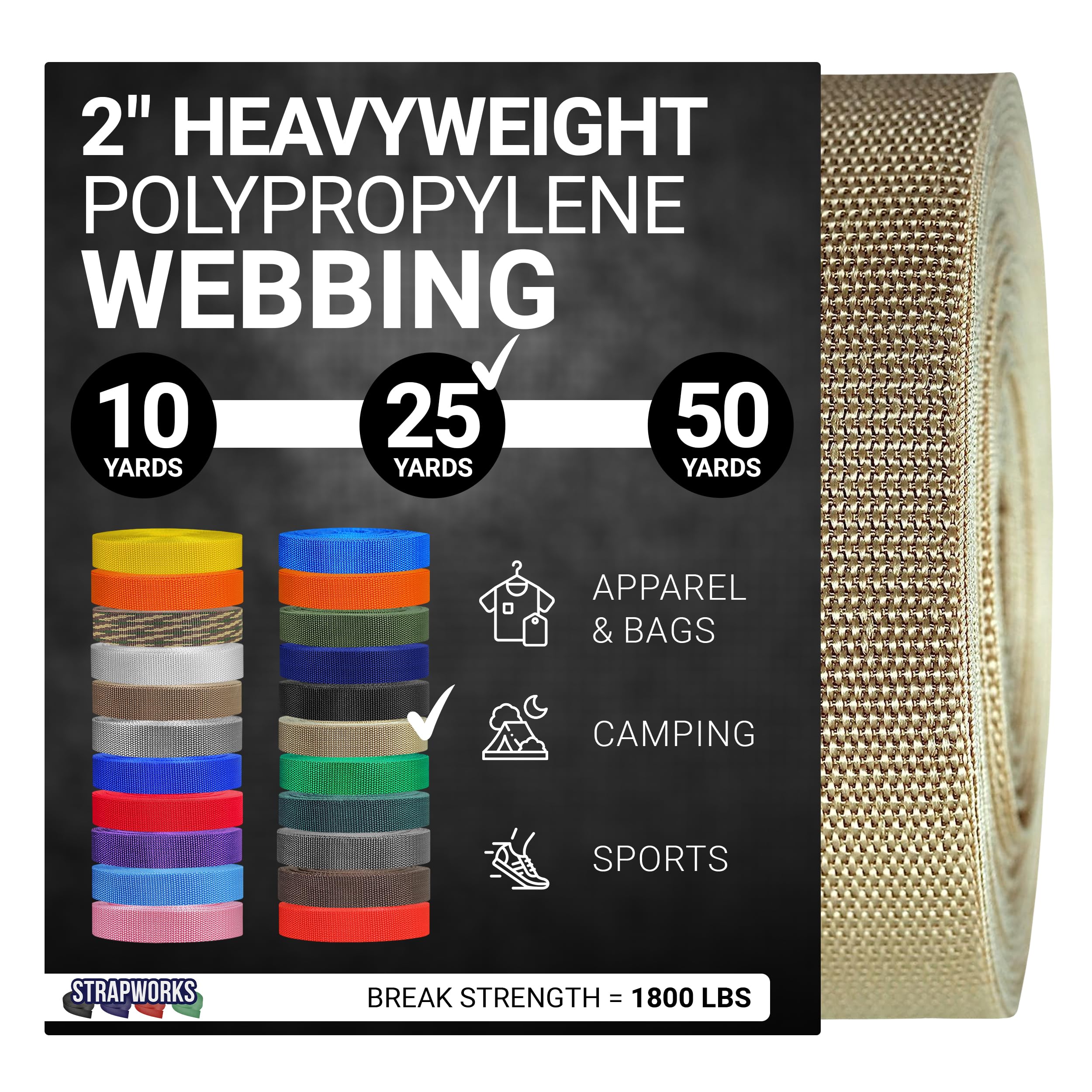 Strapworks Heavyweight Polypropylene Webbing - Heavy Duty Poly Strapping for Outdoor DIY Gear Repair, 2 Inch x 25 Yards - Khaki — image 1