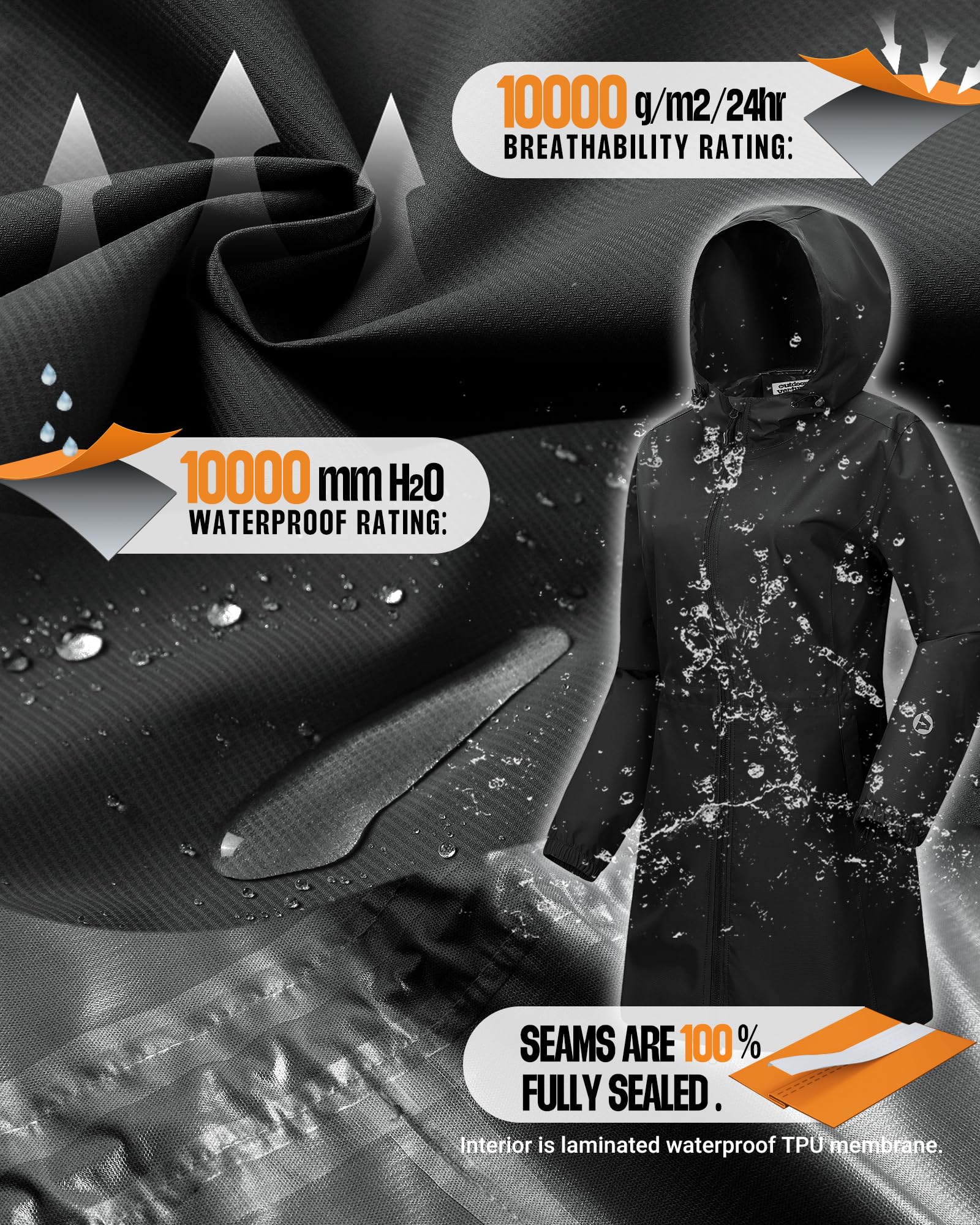 Outdoor Ventures Damska wodoodporna kurtka przeciwdeszczowa, długa, wiatrówka, kurtka przejściowa, lekka, oddychająca, kurtka outdoorowa, Raincoat parka przeciwdeszczowa z kapturem