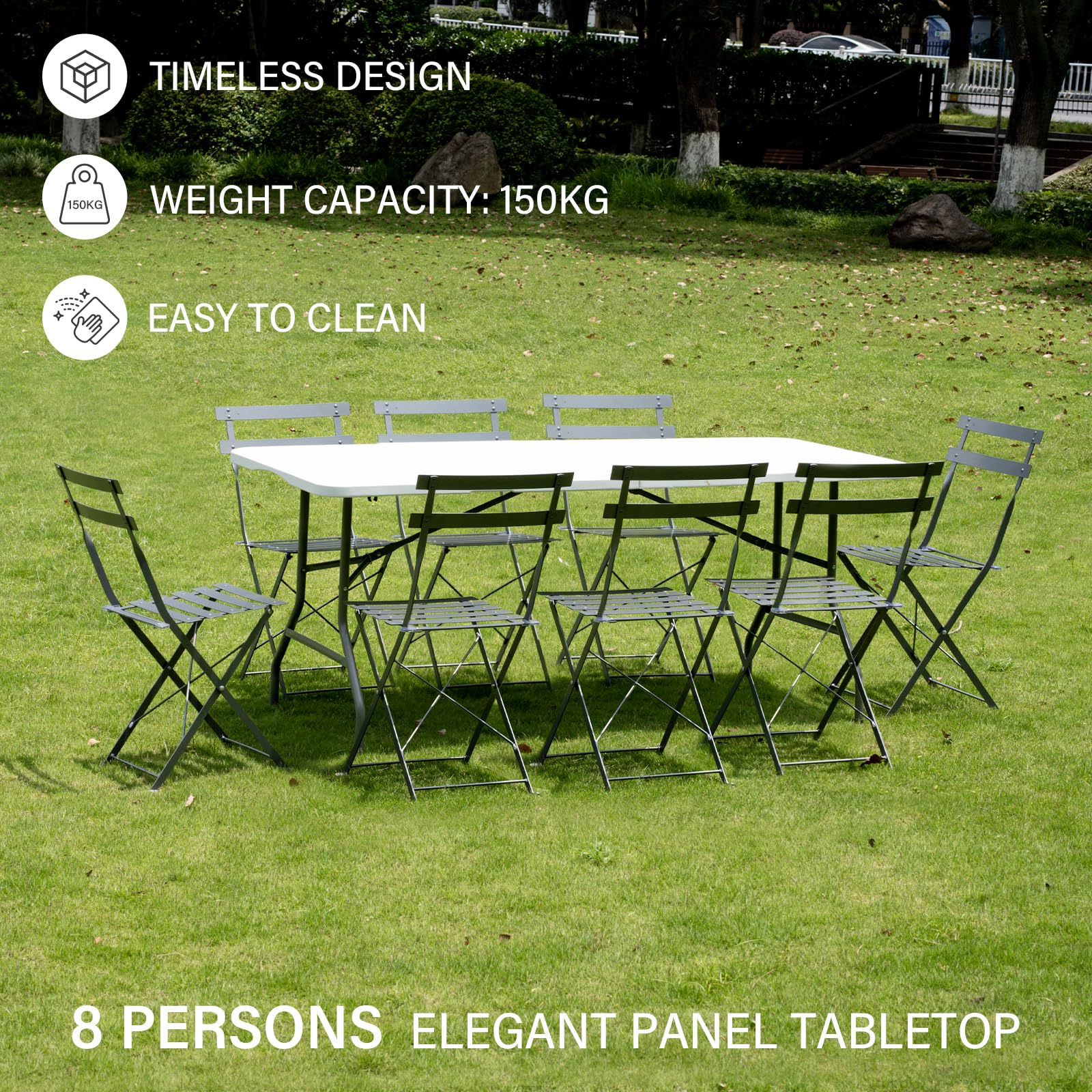 TEENO Table Pliante 180x74x74 cm 6 Or 8 Places,Table Pliante Exterieur avec Verrou de Sécurité,Poignée de Transport,Tableaude Jardin Pliantes Blanche, Parfaite pour Buffet,Fêtes et Camping