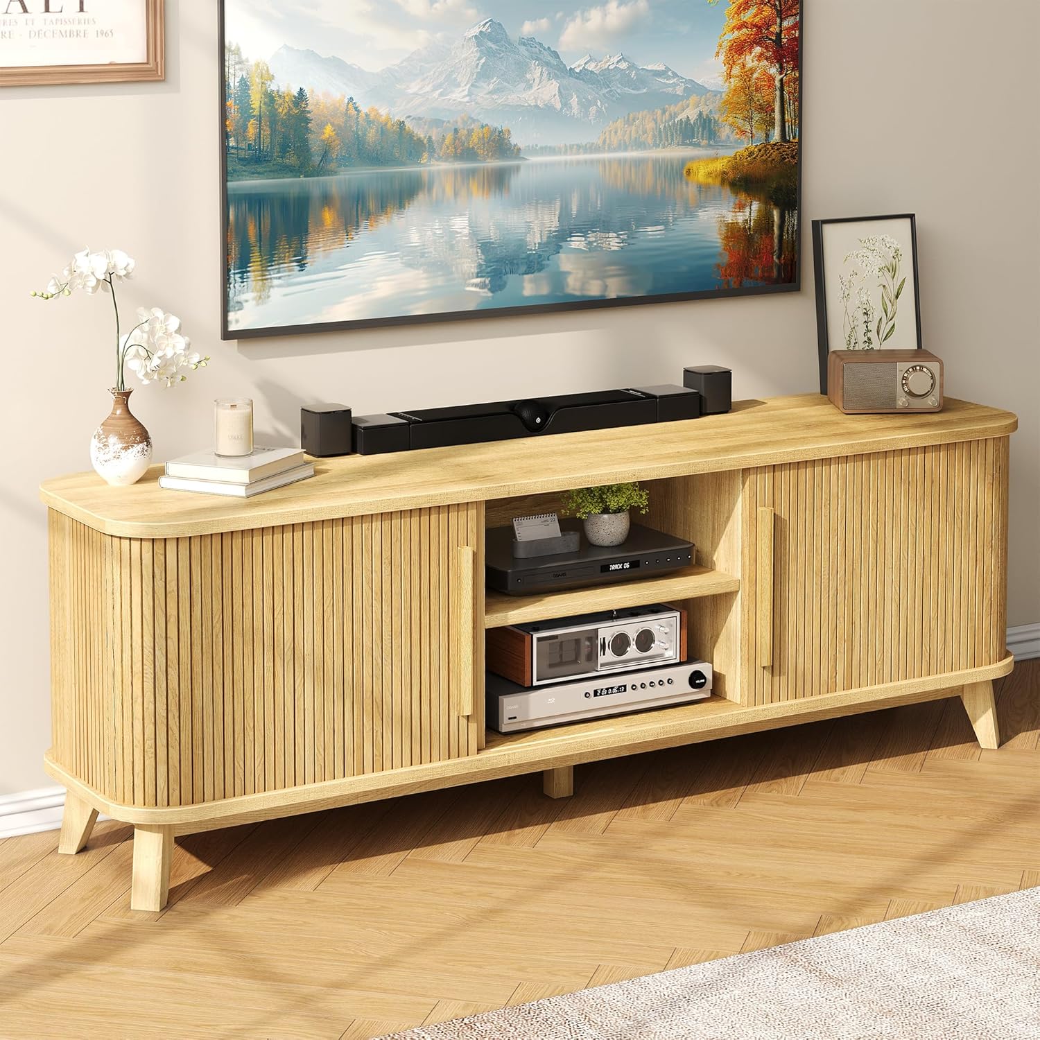 66" TV Stand for TVs up to 80", Mid-Century Modern Entertainment Center, TV Console with Storage Cabinet and Adjustable Shelves, Wood Curved Media Console with Sliding Door for Living Room,Natural Oak
