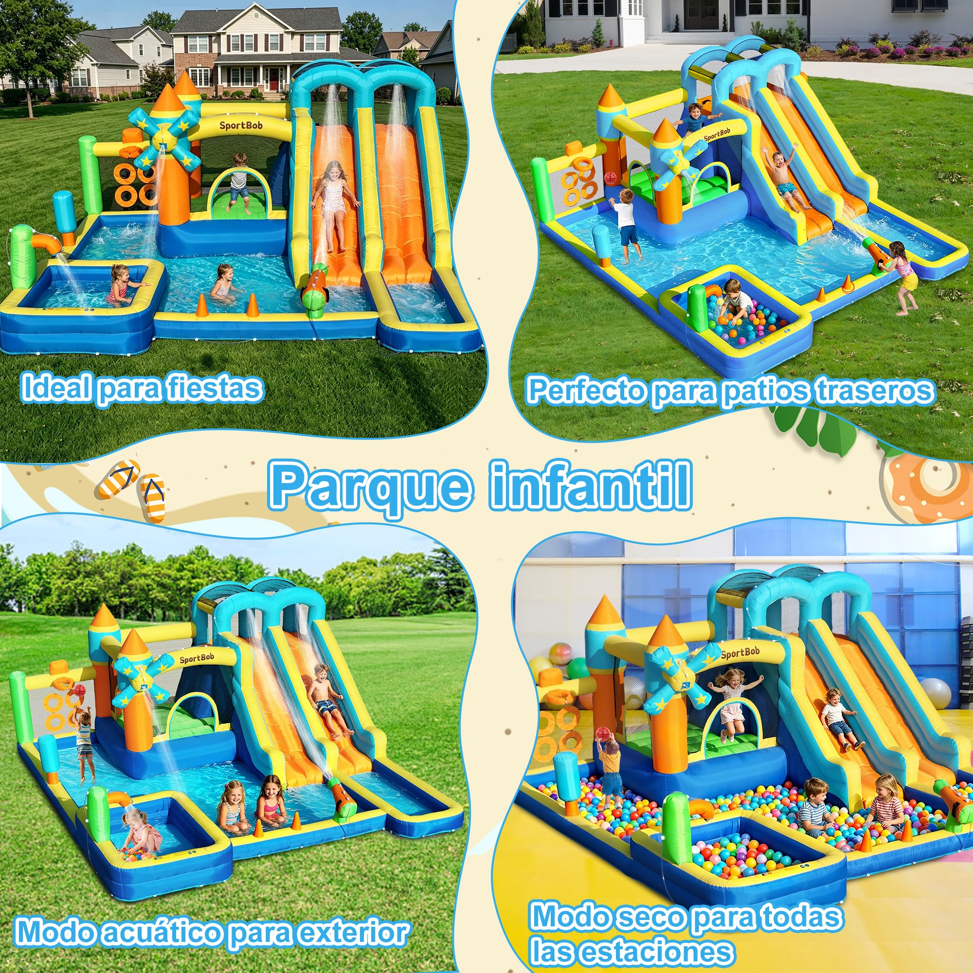 Castillo hinchable con doble tobogán, soplador, piscina infantil, zona de salto y pared de escalada, ideal para uso en interiores y exteriores, reuniones familiares y ocasiones de cumpleaños
