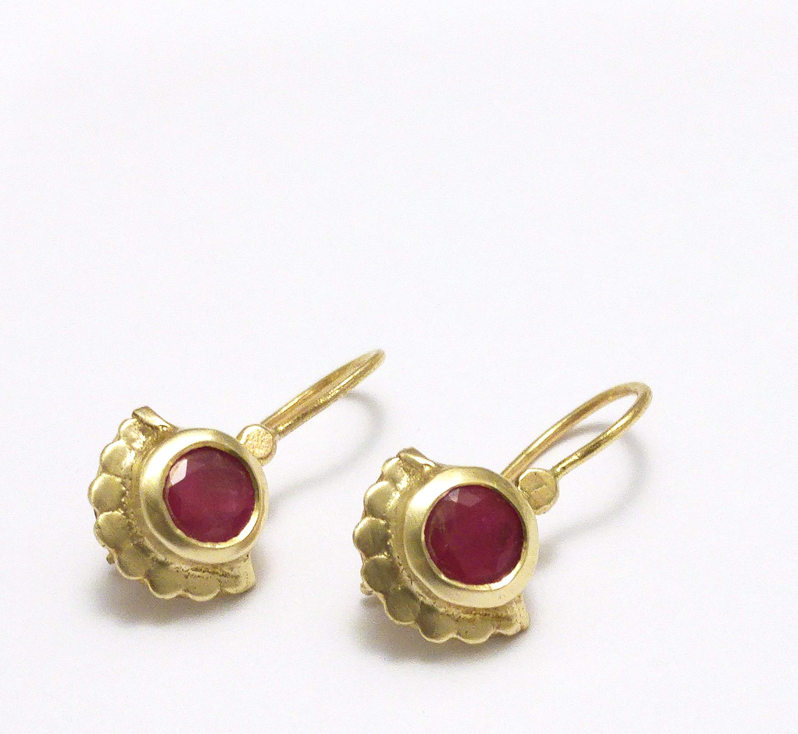 Dainty 14k Solid Yellow, White or Rose Gold And Ruby Drop Flower Earrings, Unique Tribal Boho Earrings, Handmade Artisan Jewelry