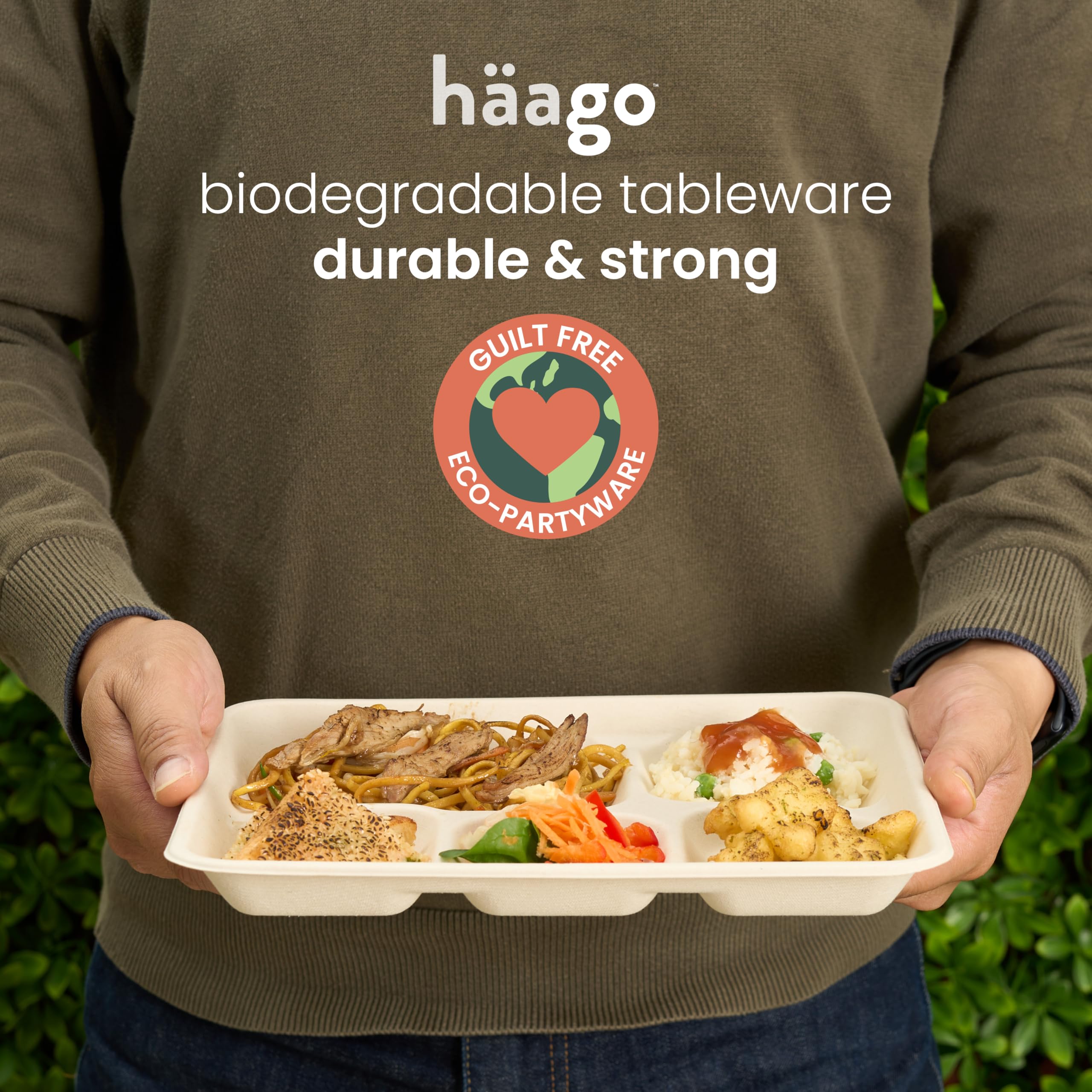 HAAGO 100 Assiettes Solides Compostables à 5 Compartiments 26×21cm – Plateaux Repas Rigides en Bagasse de Canne à Sucre, Anti-Graisse & Anti-Fuites – Pour Chaud & Froid, Fêtes, Pique-nique, Traiteur