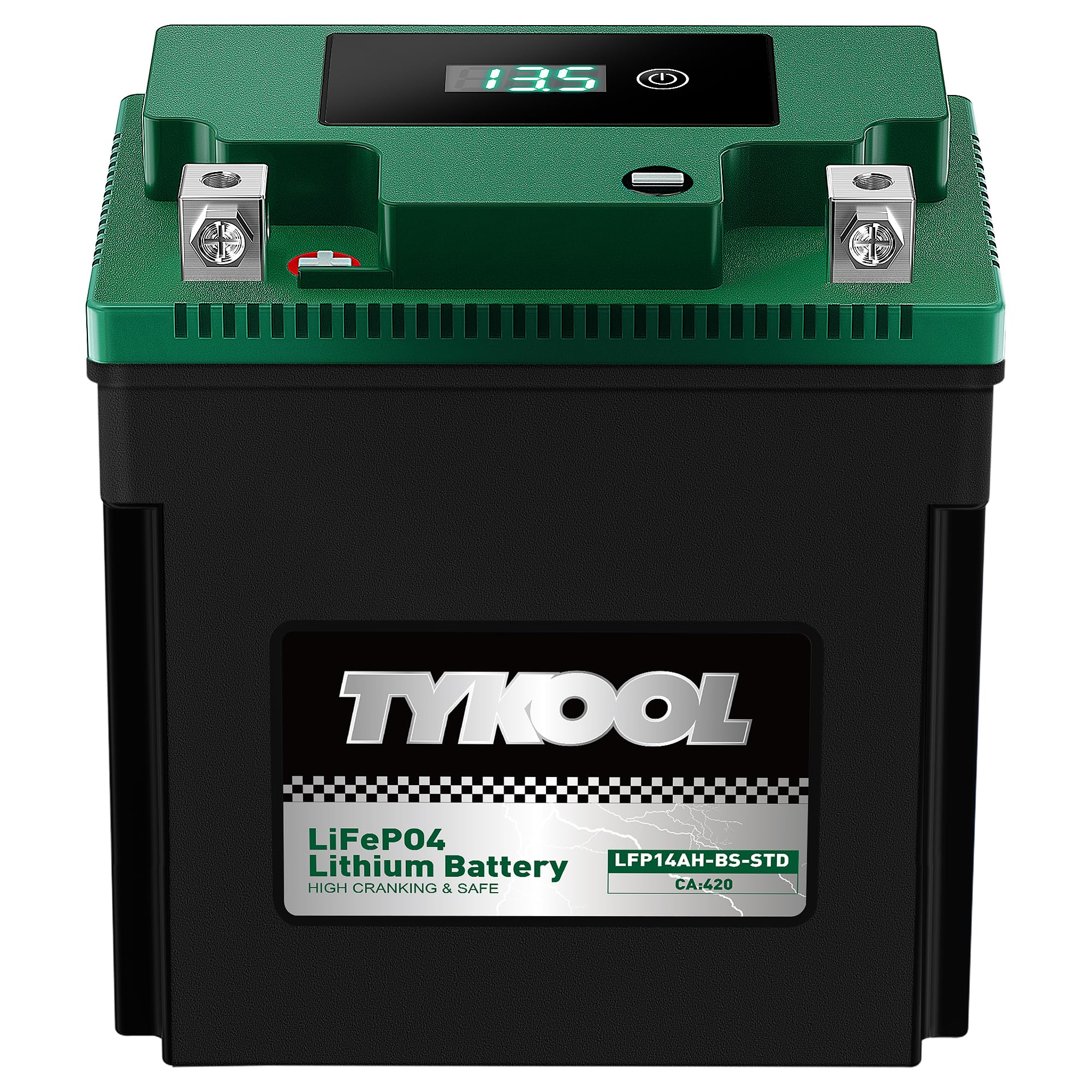 TYKOOL YTX14AH-BS-STD, LiFePO4 Lithium Motorcycle Battery,12.8V 7Ah,420CCA,5X Longer Life,Digital Readout, Powersports Battery,Fits for ATV, UTV, Snow mobile,Polarity:[+ -]