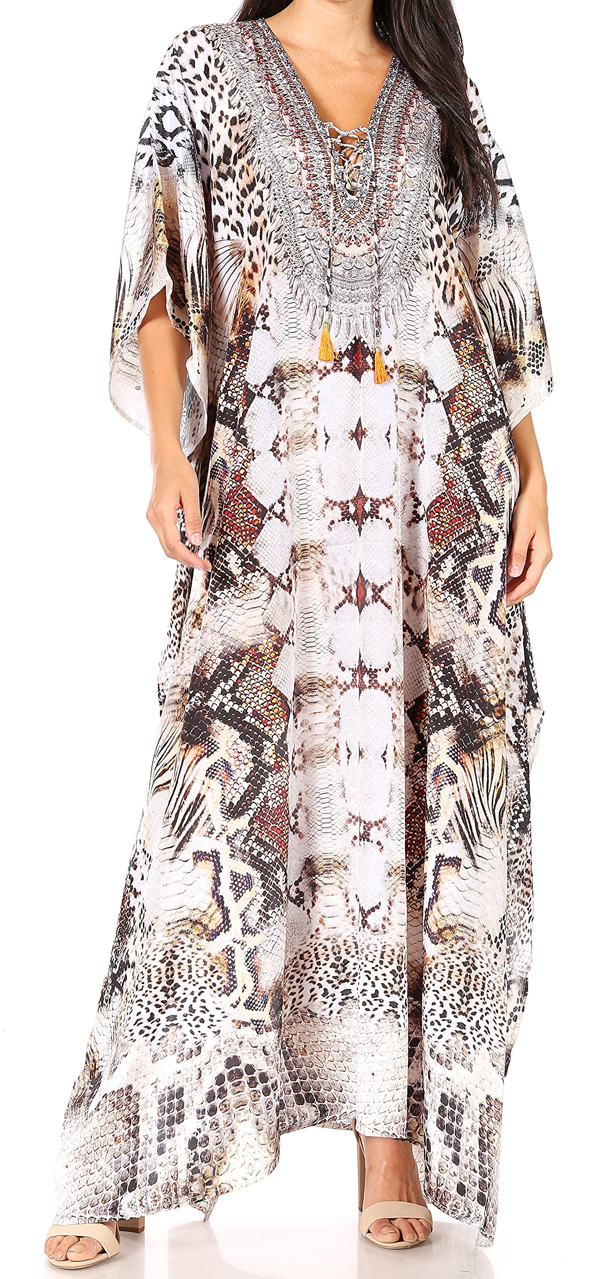 Sakkas Yeni Women's Short Sleeve V-Neck Summer Floral Long Caftan Dress Cover-up