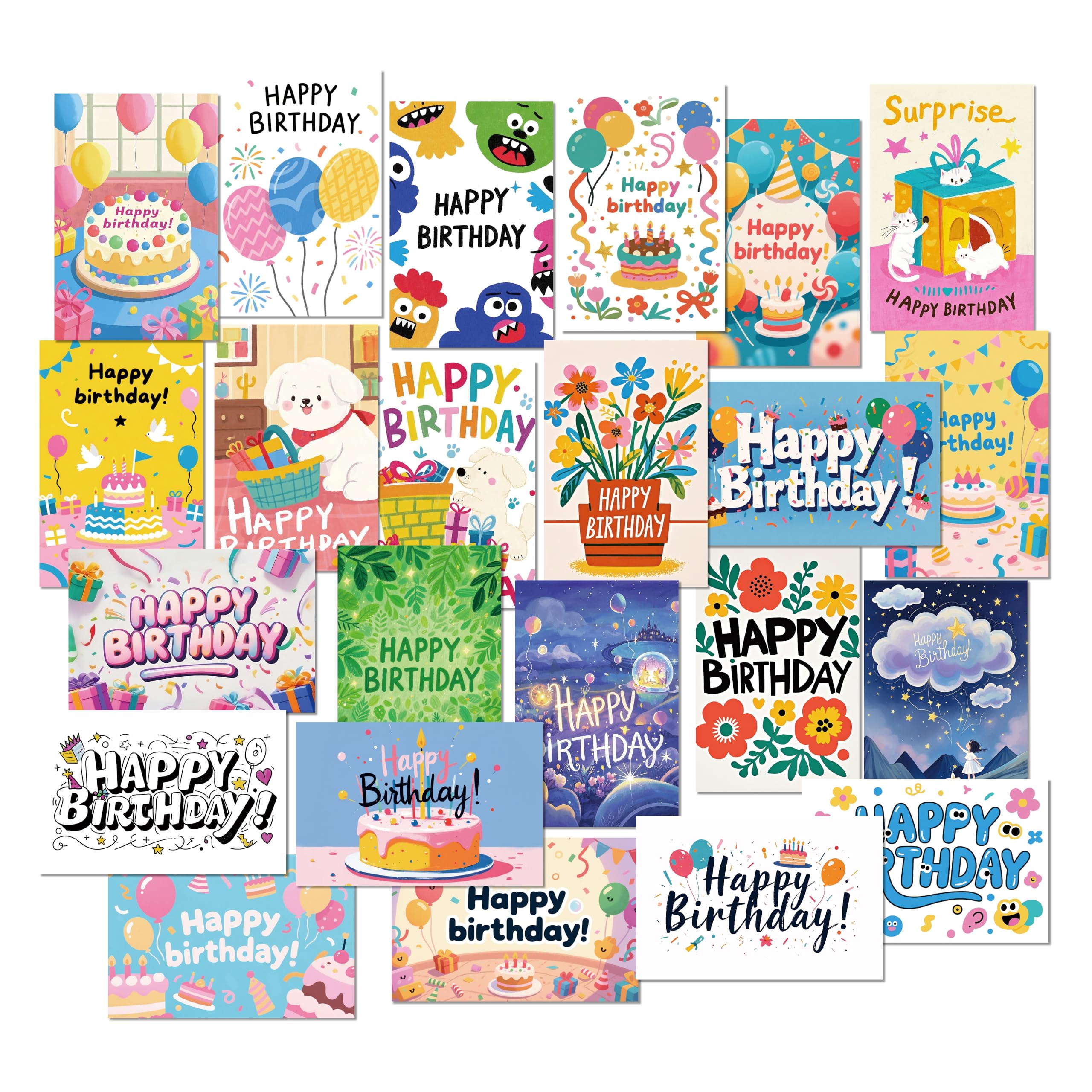 XISHIUYIS 24 Pack Birthday Cards, Messages, Envelopes, and Stickers | 4x6 Inch Happy Birthday Cards Bulk for Family, Kids, Friends, Work, and Office