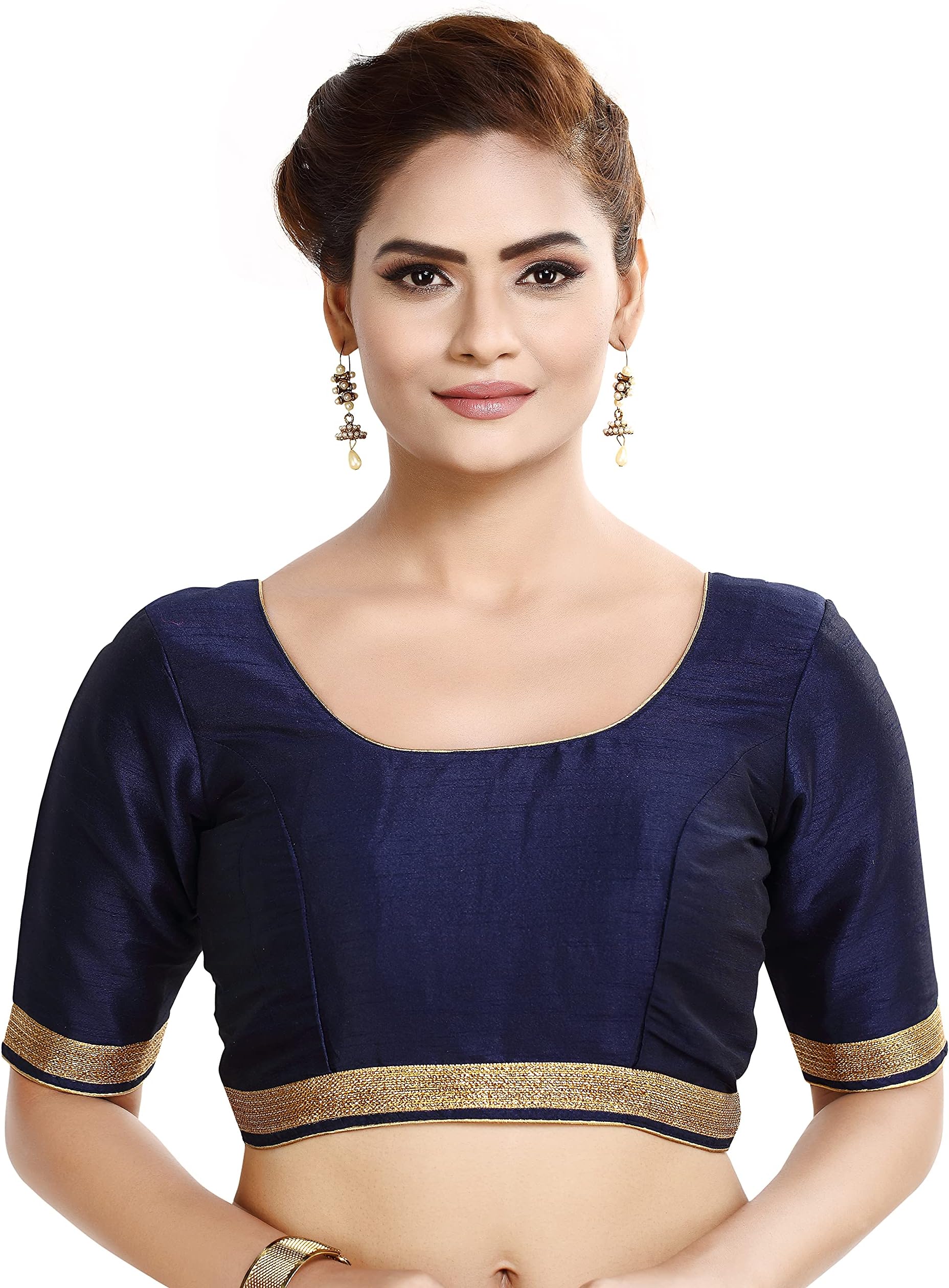 Womens Raw Silk Elbow Length Sleeves Readymade Saree Blouse