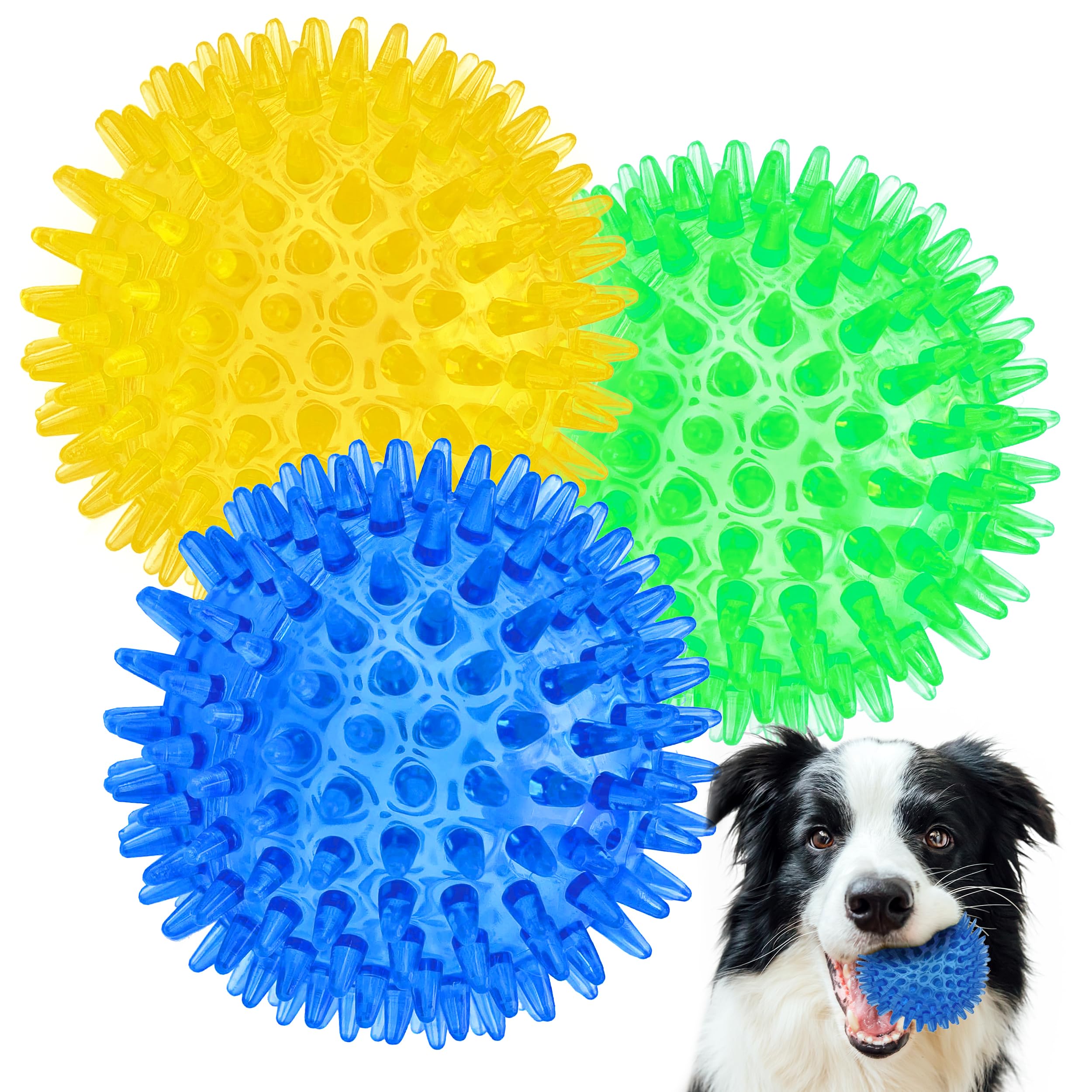 Cuties PetBox Squeaky Rubber Spike Toy Ball for Medium Large Dogs 3-Colors Blue Green Yellow 3 5 Inch