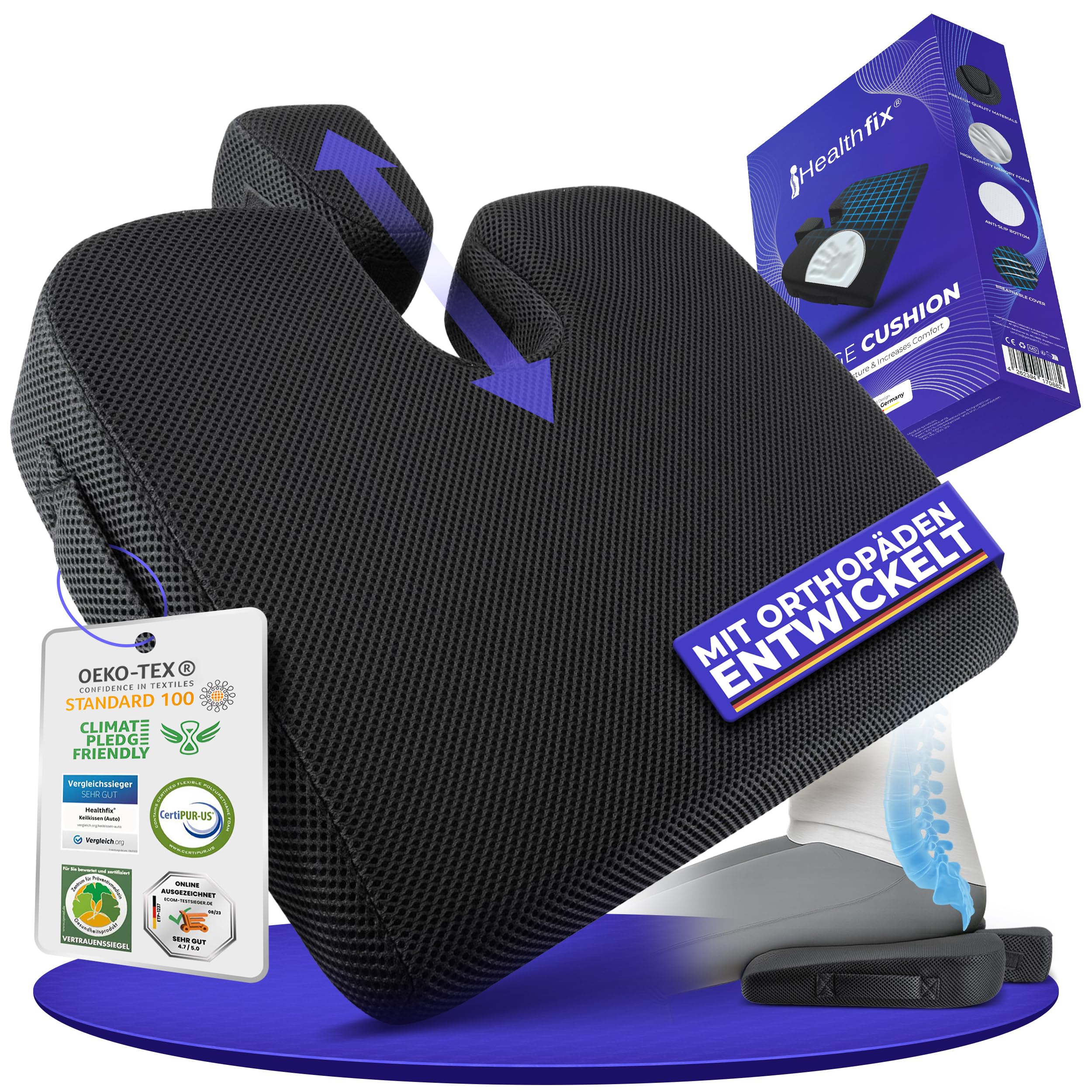 Healthfix Auto-Keilkissen – ergonomisches orthopädisches Sitzkissen fürs Auto, rutschfest & waschbar – Memory-Foam, Härtegrad - Medium (70–95 kg)