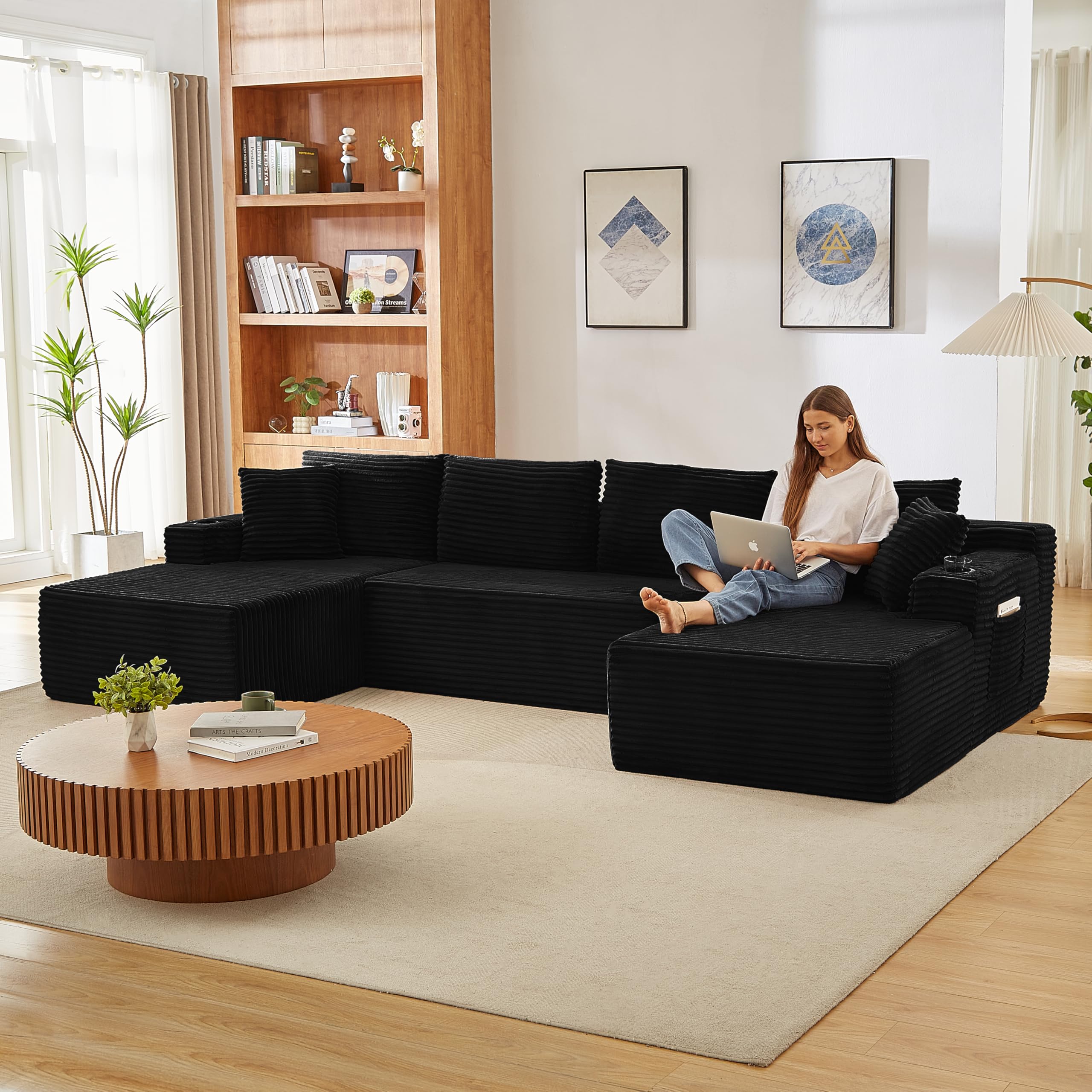 Bladez Divano angolare modulare a 4 posti, a forma di U, divano letto nero