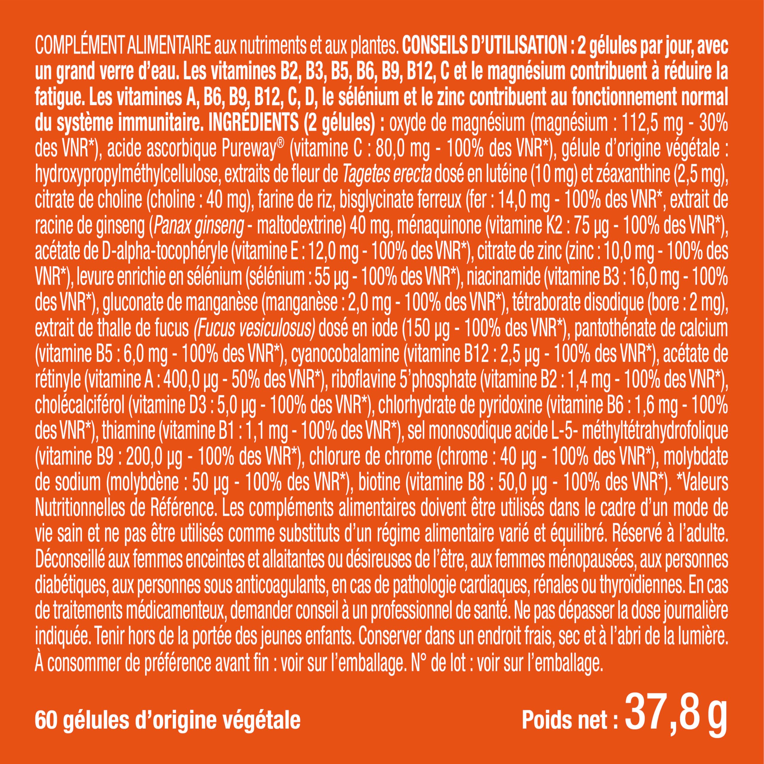 Multivitamines et Minéraux – 26 Nutriments - Vitamines A, B, C, D, E, K + Fer, Chrome, Magnésium & Zinc + Choline, Lutéine & Ginseng - Energie, Vitalité, Puissance - Fabrication Française - Nutrimea