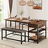 CABIHOME Dining Table Set for 4, Dining Room Table with Storage Drawers & Wine Rack, Kitchen Dining Table Set with Upholstered Benches for Dining Room-Retro Brown