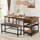 CABIHOME Dining Table Set for 4&comma; Dining Room Table with Storage Drawers & Wine Rack&comma; Kitchen Dining Table Set with Upholstered Benches for Dining Room-Retro Brown
