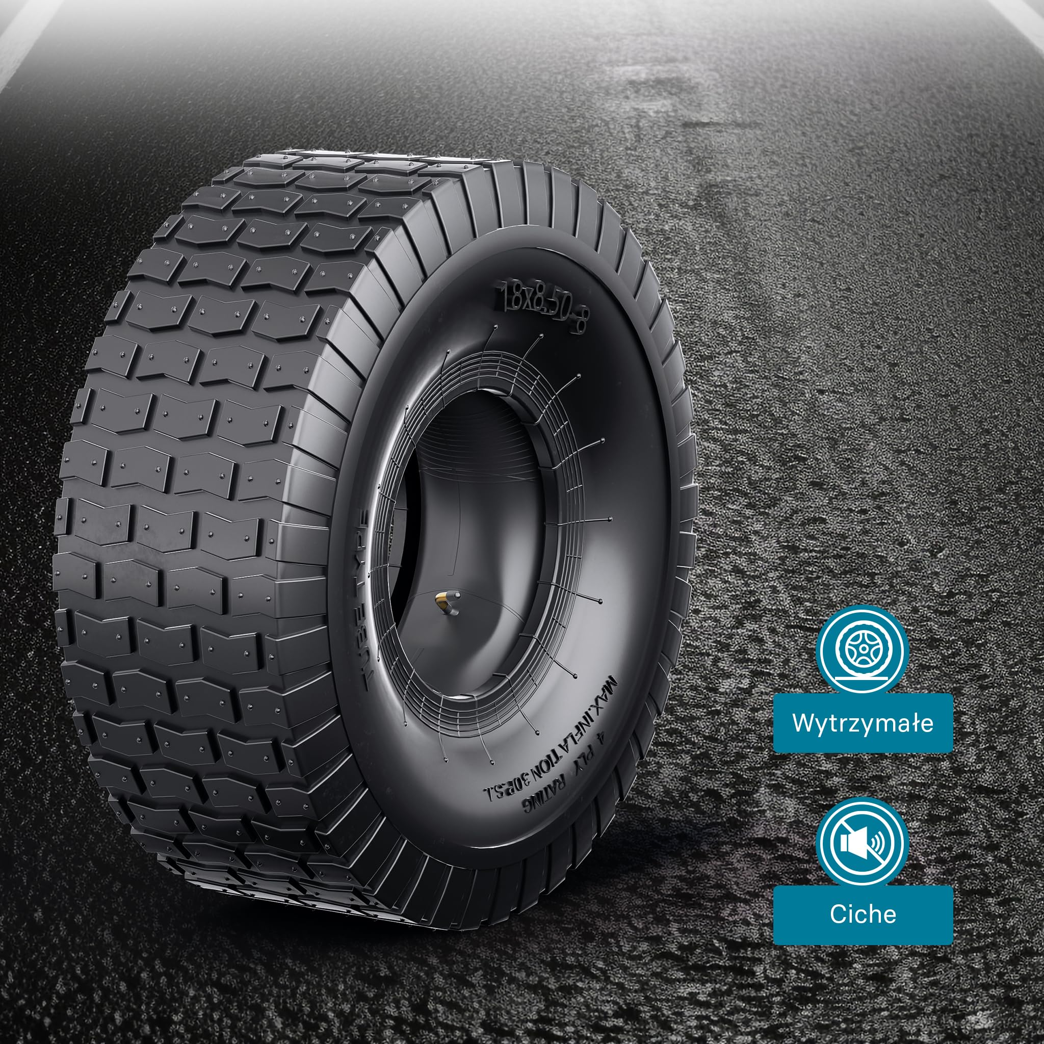 Wiltec Opona z dętką 18x8.50-8 4 PR do wielu kosiarek traktorków, z zaworem kątowym TR87 i bieżnikowaną powierzchnią, koło pneumatyczne