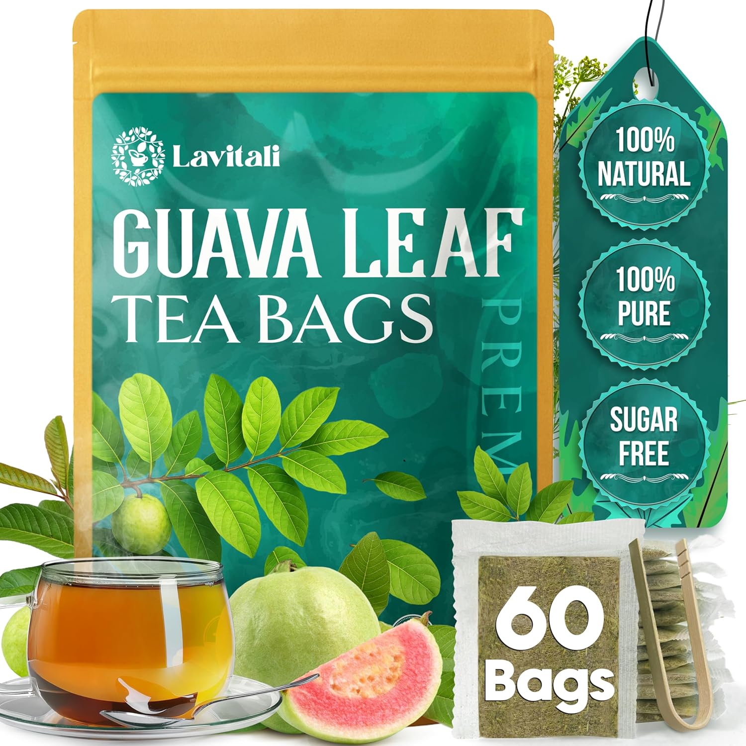 Lavitali, Guava Leaves Tea Bags | 60 bags, 100% Pure Herbal Tea | Caffeine-Free, No Sugar, Eco-Friendly Filter Bags | Daily Natural Botanical, Hot or Iced Herbal Infusion