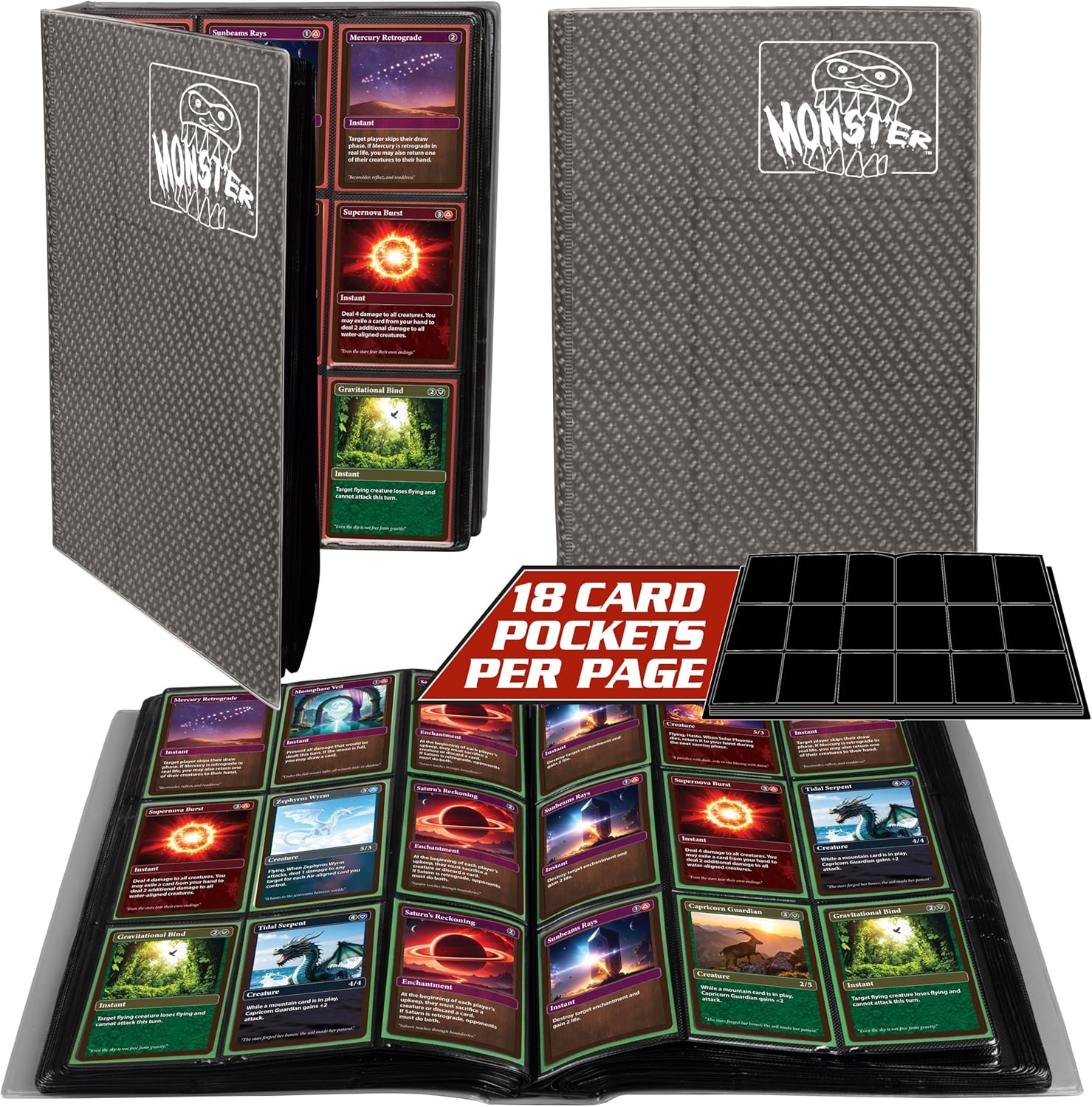 Monster 9 Pocket Trading Card Album- Holofoil Gray Binder, Anti-Theft & Anti-Drop TCG Protection w Side Loading Pockets, Holds 720 Cards -Compatible with Yugioh, Pokemon, MTG Magic the Gathering Cards