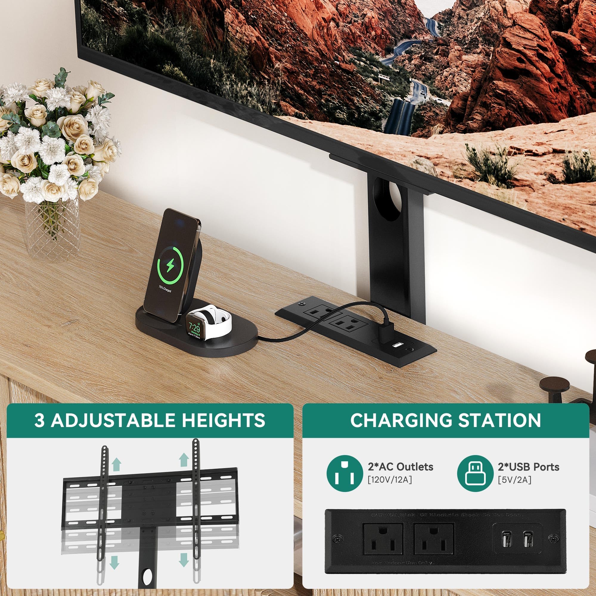 YITAHOME Fluted TV Stands for Living Room with Mount, Modern Entertainment Center for 32-70 inch TVs, LED Curved TV Stand with PowerOutlets & LED Light, Curved Profile Design, Natural Oak