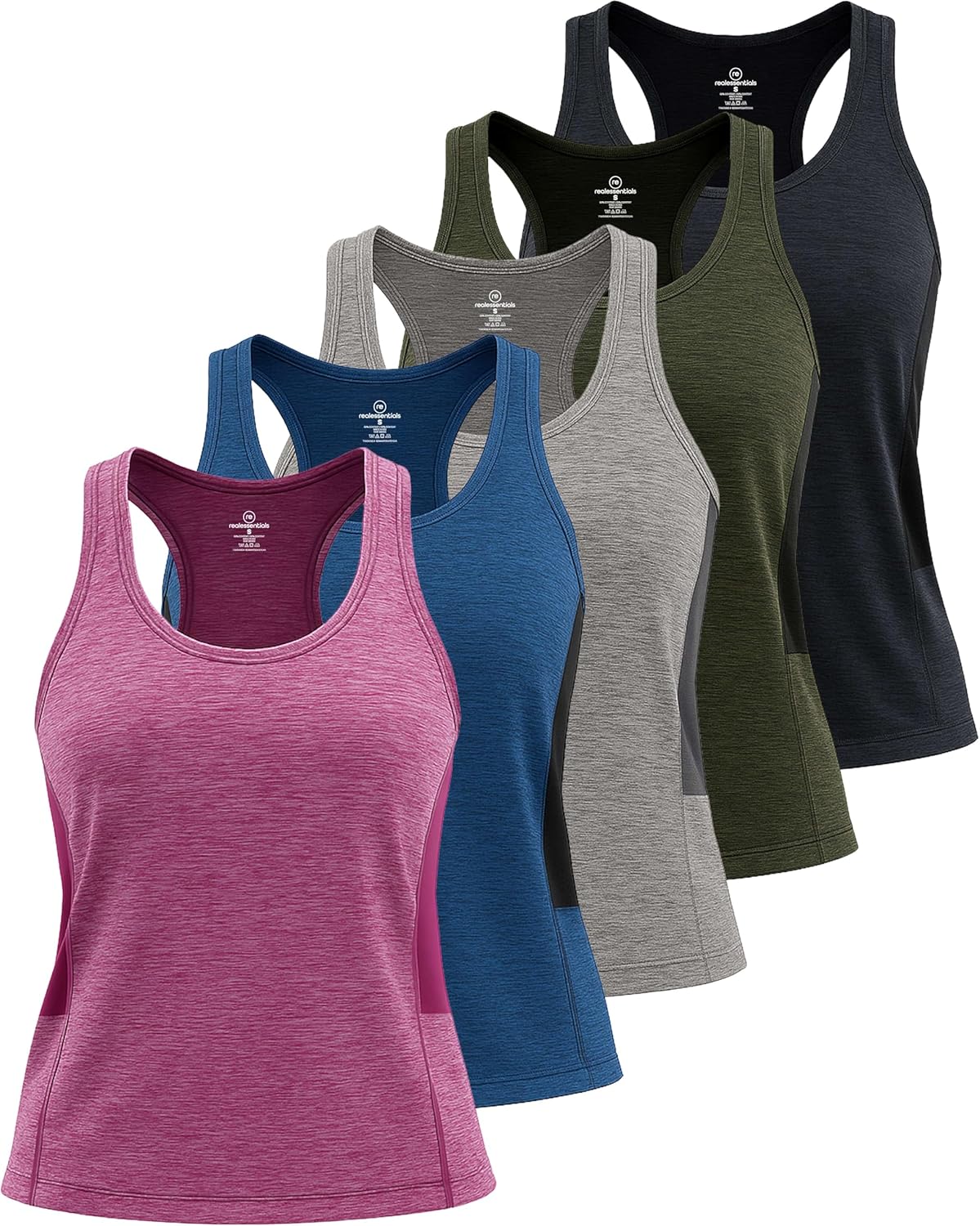 Real Essentials 5 Pack: Women's Racerback Tank Top Dry-Fit Athletic Performance Yoga Activewear (Available in Plus Size)
