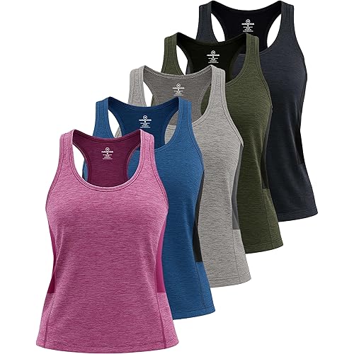 Real Essentials 5 Pack: Women's Racerback Tank Top Dry-Fit Athletic Performance Yoga Activewear (Available in Plus Size)