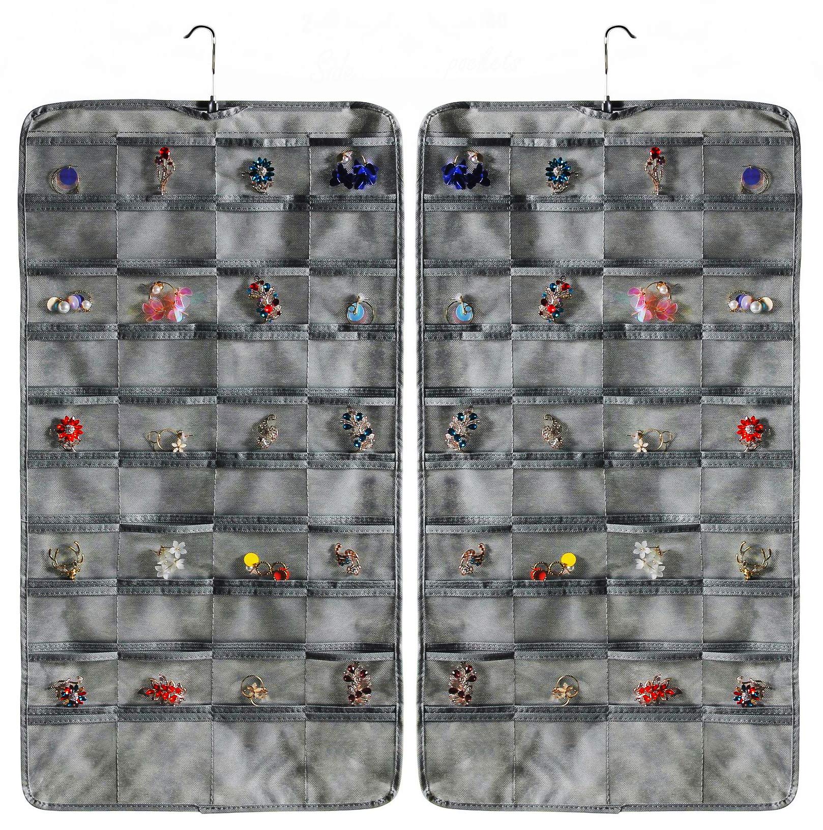 AARAINBOW Hanging Jewelry Organizer Dual-Sided Closet Accesoory Organizer with 80 Pockets Jewelry Hanger for Earrings, Necklaces, Rings on Closet,
