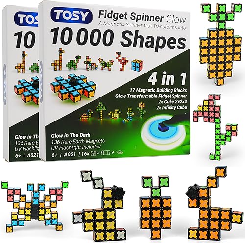 TOSY Spinner Fidget Magnético que Brilla - 16 bloques, juguete 3 en 1: Spinner Fidget Transformable, cubo infinito/rompecabezas, brillante, rellenos