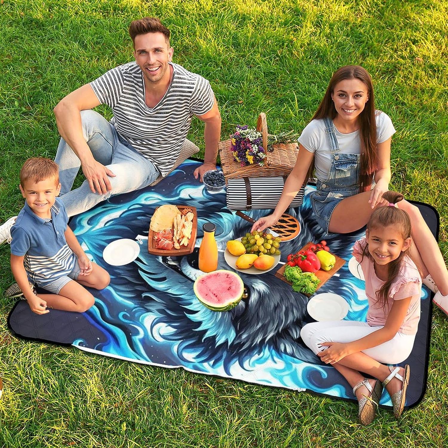 Wolf Head in Blue Flames Picnic Blanket 150x100cm, Foldable 2-in-1 Picnic Mat and Tote Bag Portable Waterproof Beach Mat Sandproof Outdoor Blanket for Park, Hiking, Beach, Camping, Travel