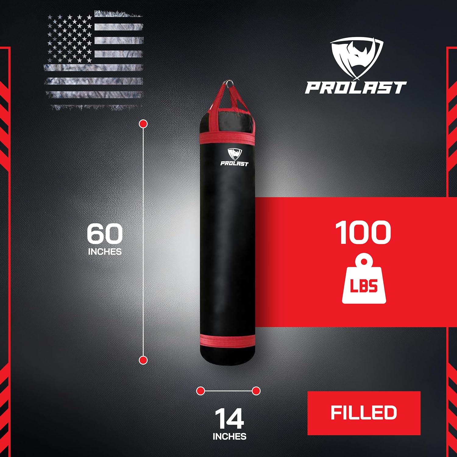 PROLAST Heavy Punching Kicking Bag for Adults, Boxing, MMA, Martial Arts, Muay Thai, Strength Training Equipment, Filled, 5ft, 100 lbs, Colored Strap and Rhino Logo