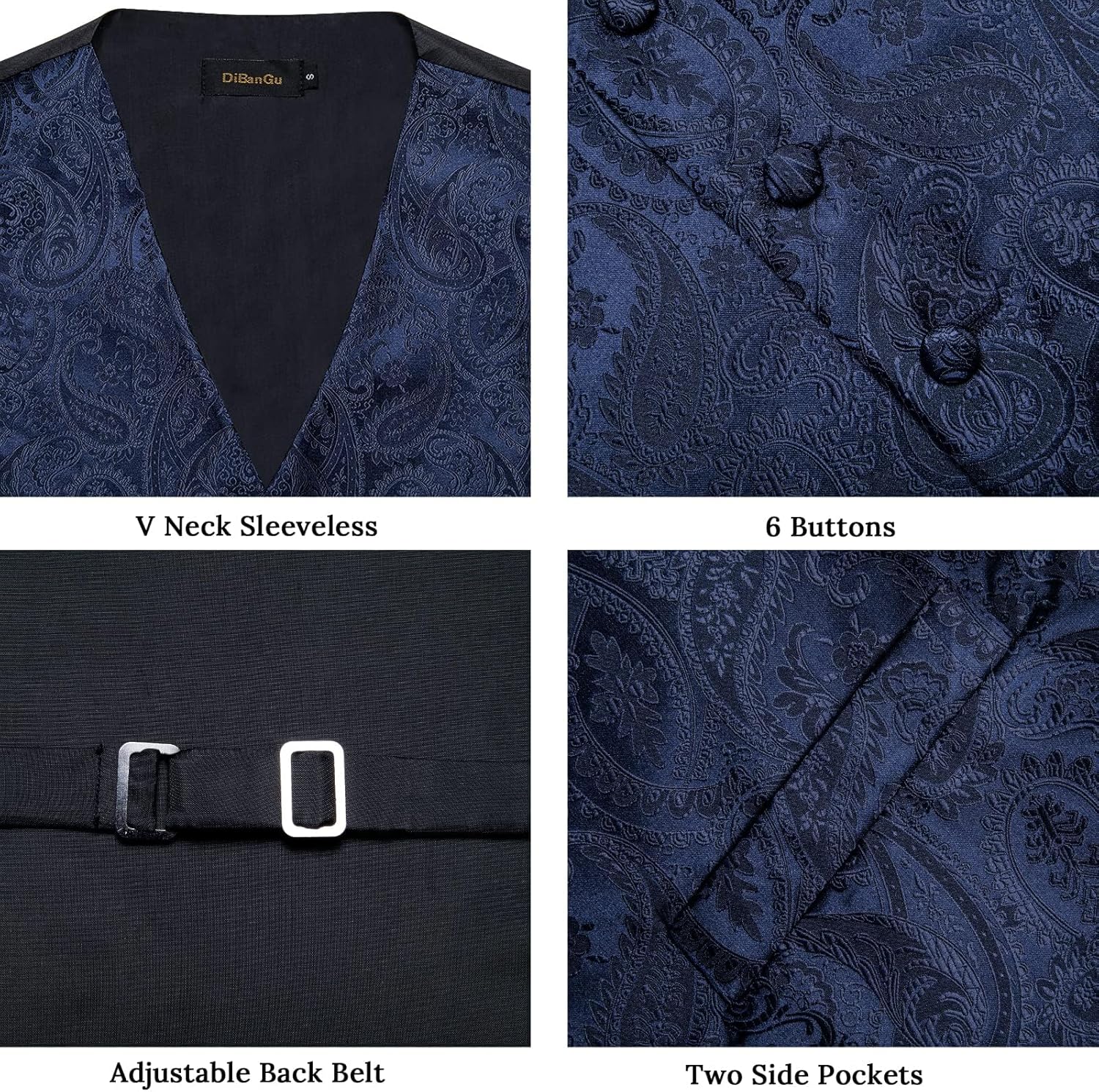 DiBanGu Mens Paisley Vest Tie Set with Lapel Pin Tie Clip 7PCS Silk V-Neck Suit Waistcoat and Necktie for Tuxedo Wedding - Image 4