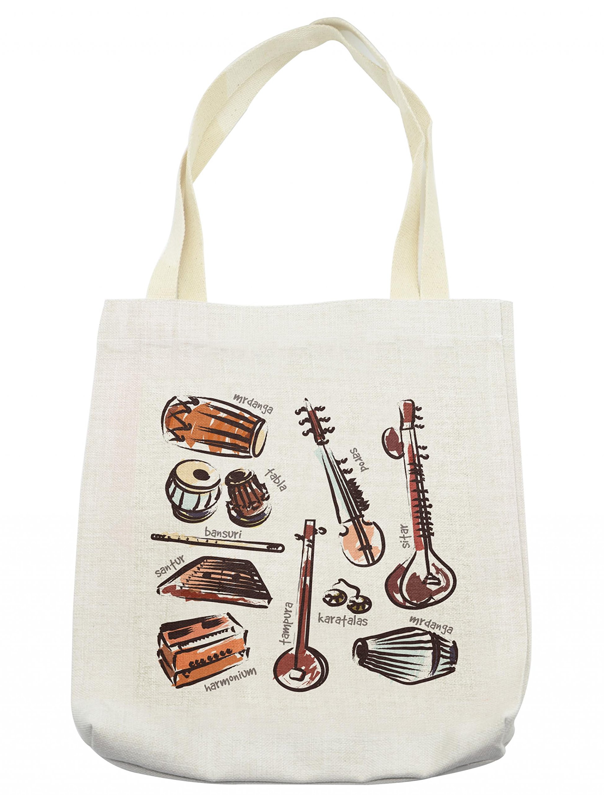 Lunarable Tampura Tote Bag, Orchestra Retro Sitar and Tabla Western Harmonium Mrdanga Illustration Music Art, Cloth Linen Reusable Bag for Shopping Books Beach and More, 16.5" X 14", Multicolor
