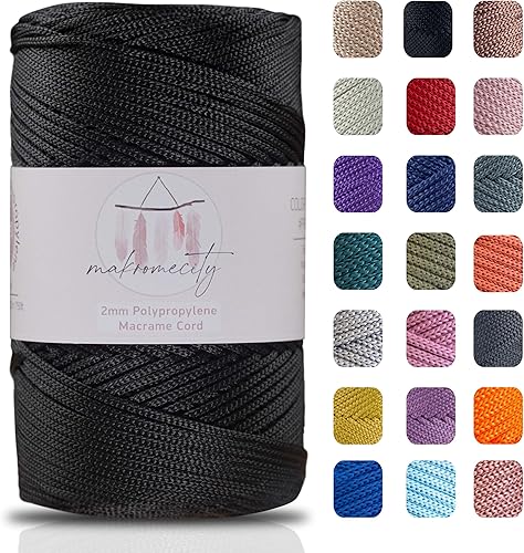 Makromecity, Cordón de macramé de poliéster de 0.079 in x 250 yardas (750 pies) de 0.079 in de polipropileno negro para macramé, arte y manualidades
