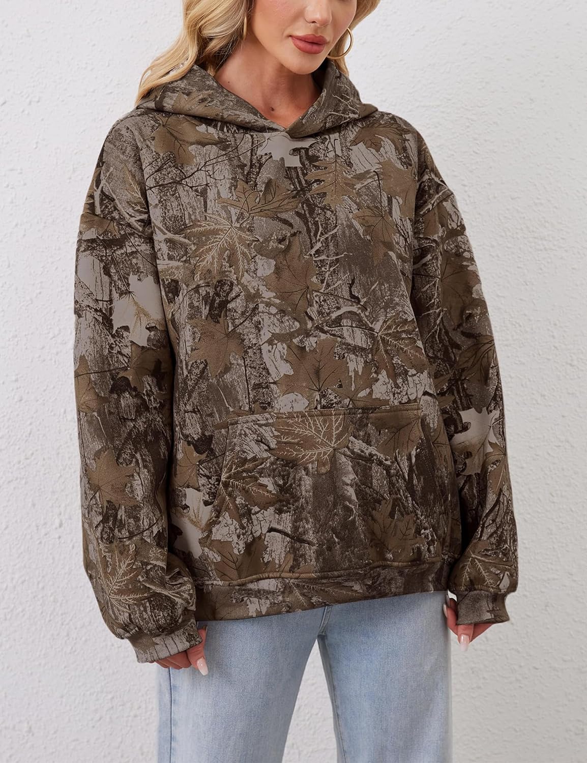 Womens Oversized Camo Hoodie Y2k Maple Leaf Print Fleece Hooded Pullover Sweatshirt Casual Long Sleeve Fall Outfits - Image 5