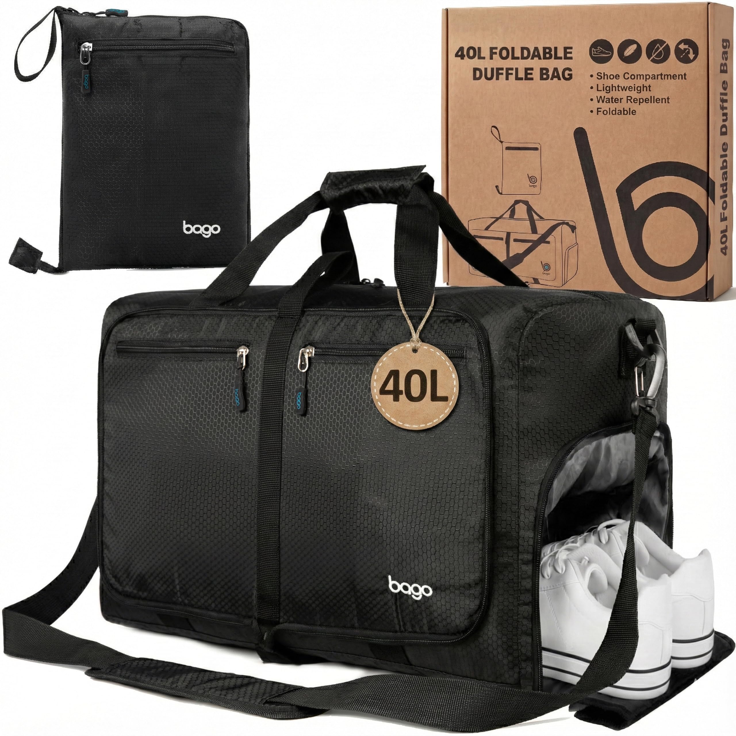 Bago Compact Duffle Bag for Travel Women & Men. Durable Lightweight Foldable Travel Duffel Bags For Traveling Women. 40L Duffle Bags a Reliable Weekender duffel or Overnight Bag With Shoe Compartment