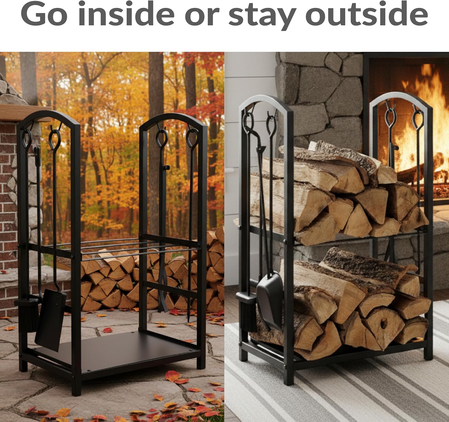 Sunnydaze 4-Piece Fireplace Log Rack & Tool Set – Tidy Firewood Holder for Fireplace or Patio Bonfire – Black