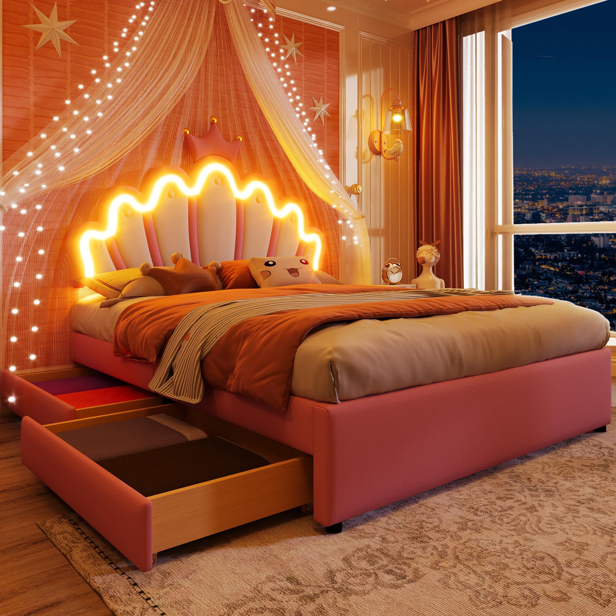 Letto imbottito, luce ambiente telecomandata, letto con 2 cassetti, letto principesse a forma di corona, testiera regolabile, PU (senza materasso) (rosa, 140 x 200 cm)