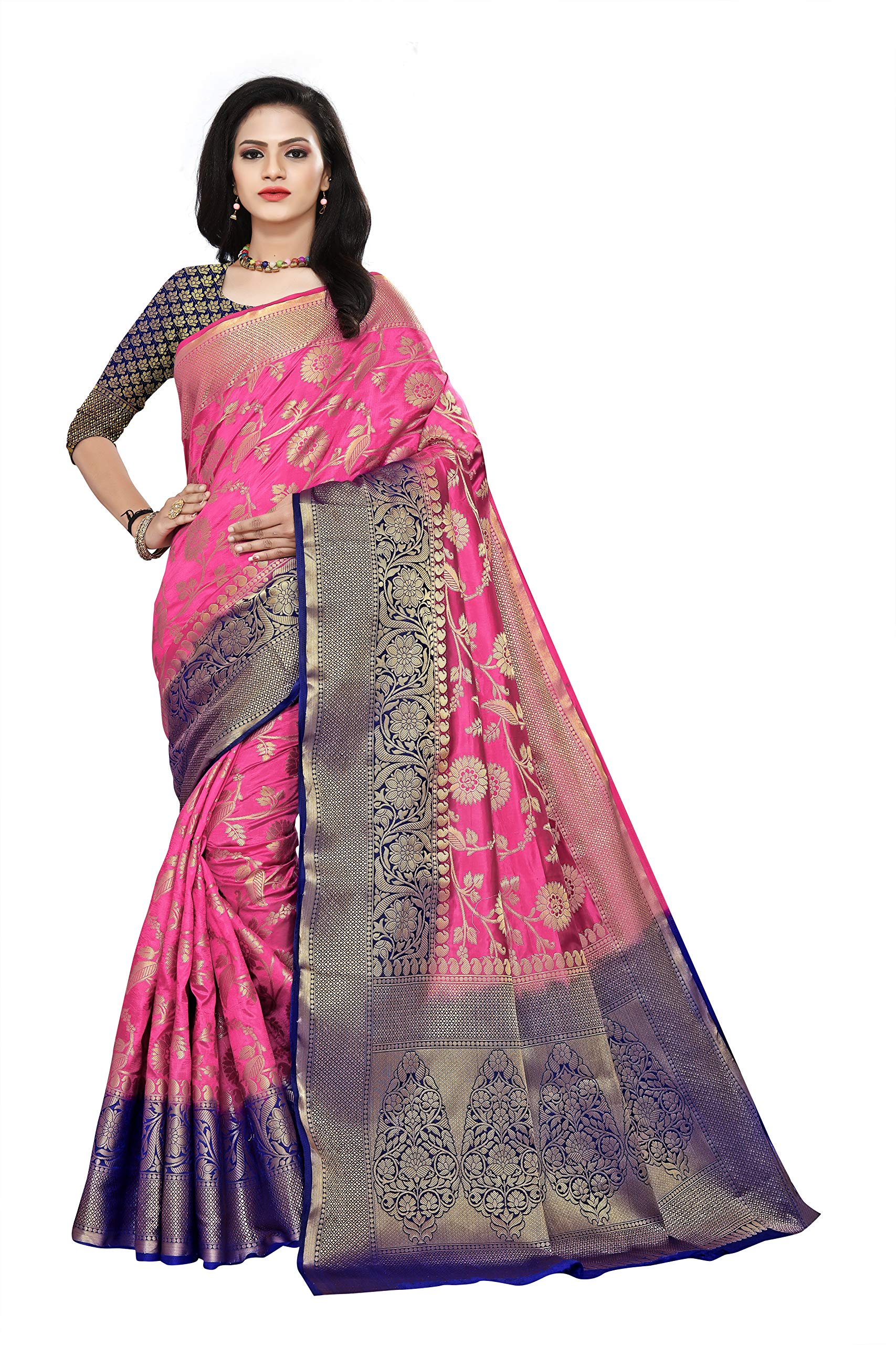 DIVA Creation Women's Kanjivaram Silk Saree With Blouse Piece (Gajri Pink)