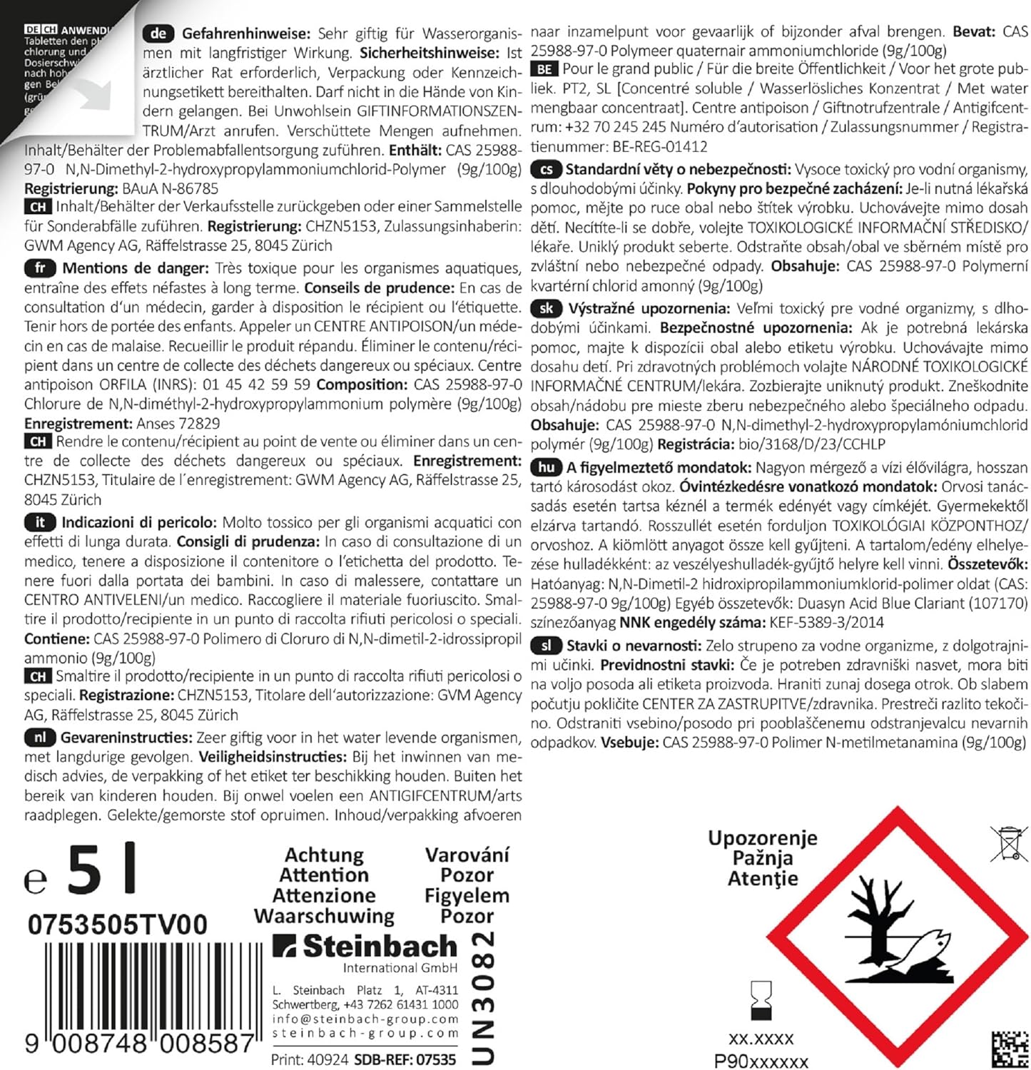 Back label of Steinbach Algezid Liquid with safety warnings