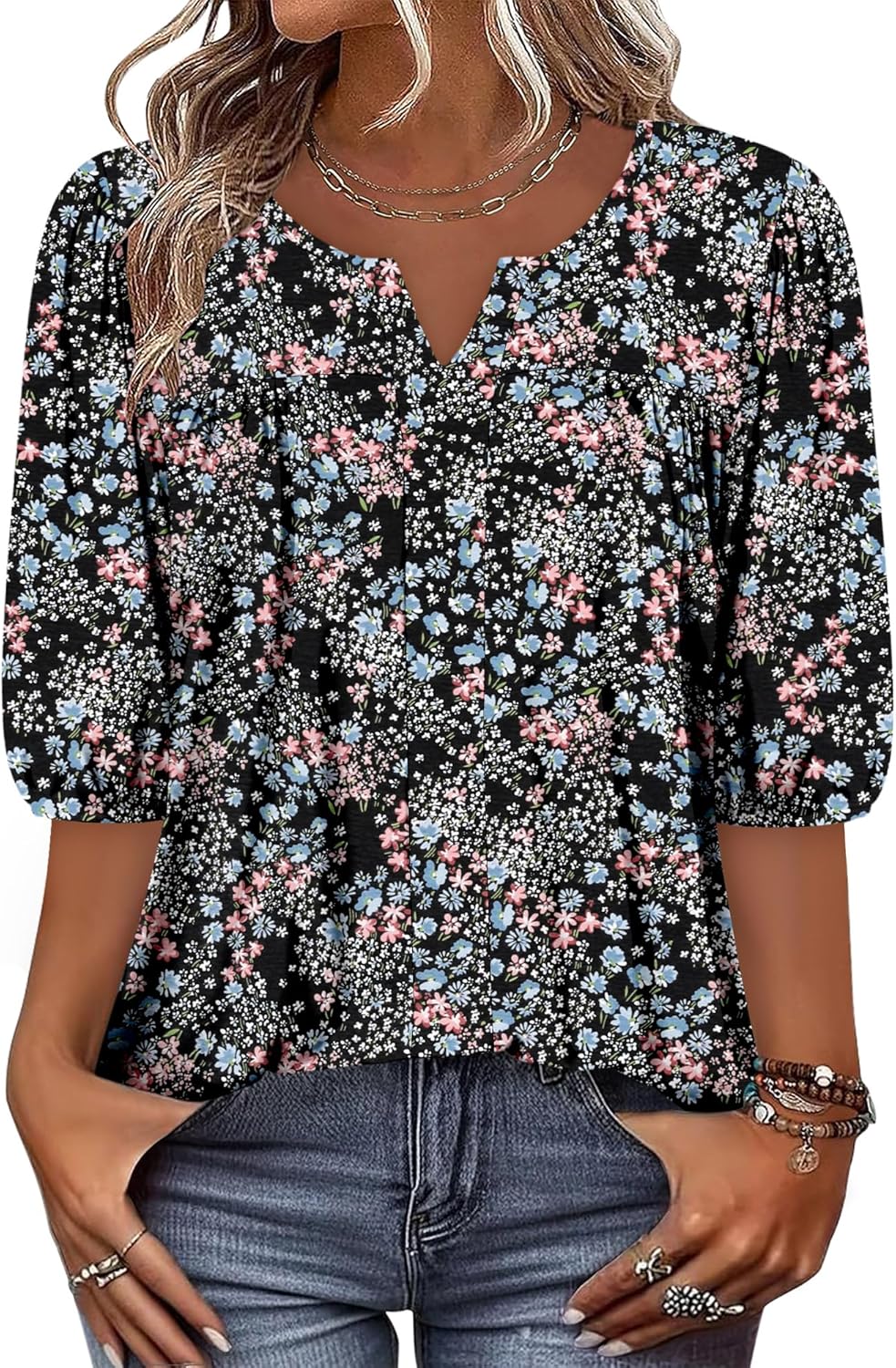 Magritta Womens Puff Half Sleeve Summer Tunic Tops Casual Chest Pleated Shirts Work Blouse for Women Dressy