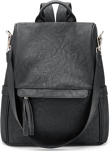 Oyifan Mochila de cuero para mujer, bolsa convertible, mochila de viaje, Talla Mediana Vintage Negro, Mochilas de viaje