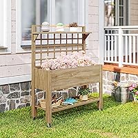 Vista 9 de Outsunny Cama de jardín elevada de 41 pulgadas con enrejado sobre ruedas, maceta elevada de madera con patas y forro de cama, para flores, hierbas