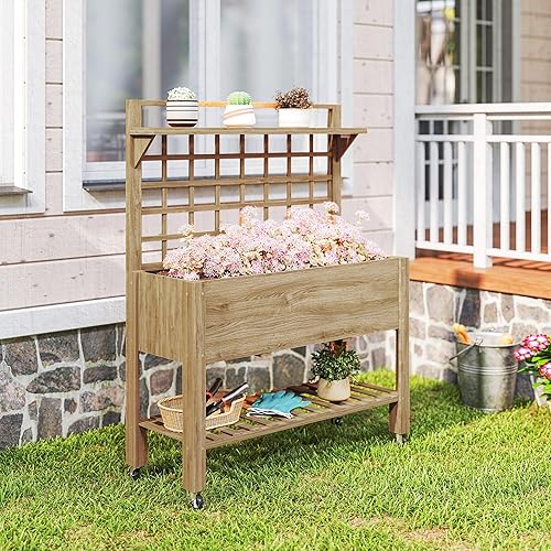 Miniatura 9 de Outsunny Cama de jardín elevada de 41 pulgadas con enrejado sobre ruedas, maceta elevada de madera con patas y forro de cama, para flores, hierbas y
