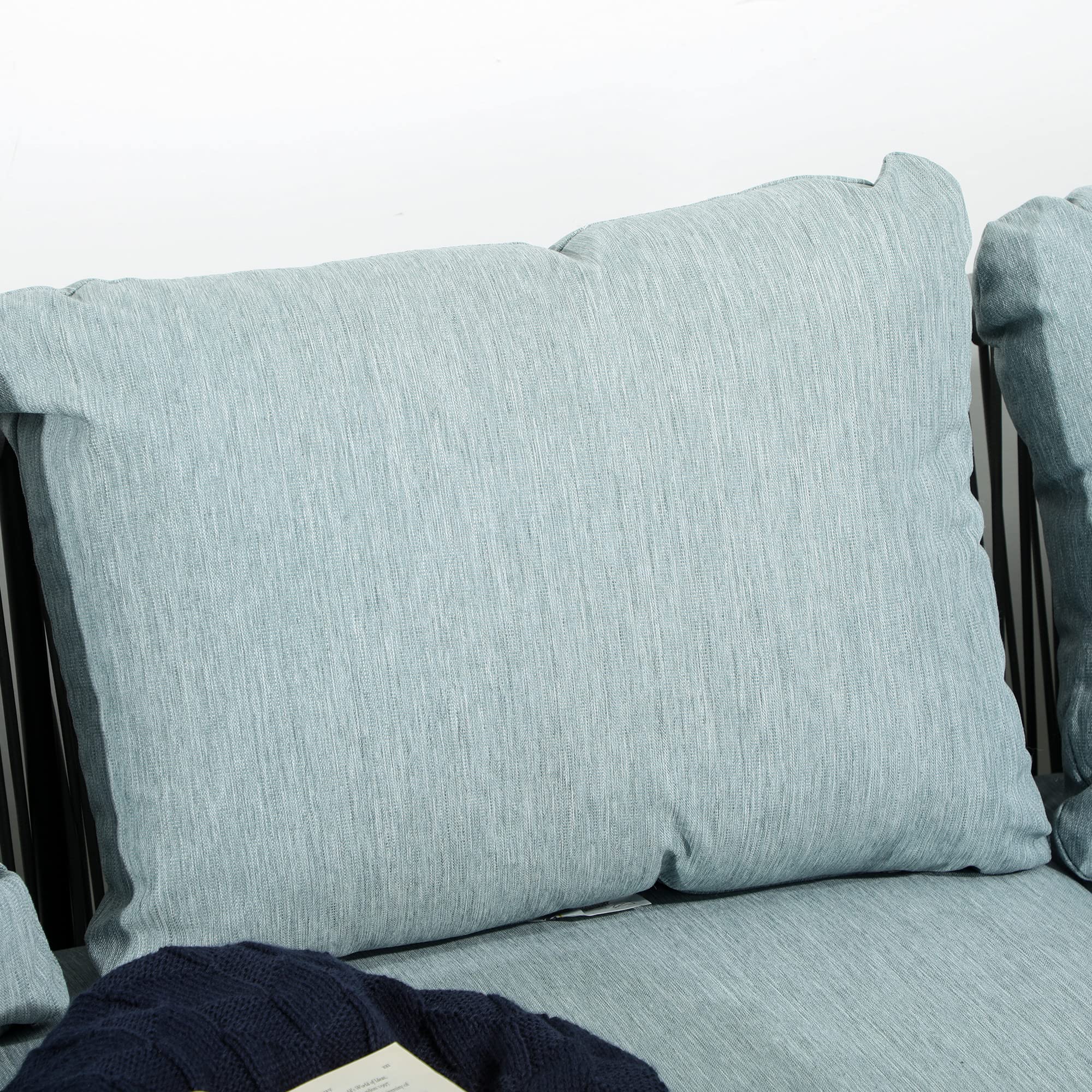 Outsunny Set da Giardino 4 Pezzi in Rattan e Alluminio, Set da Esterno con Tavolino da Caffè, 2 Divani ad Angolo e Poltroncina, Nero Grigio e Blu | Set da Esterno, Tavolino da Caffè, 2 Divani ad Angolo, Poltroncina